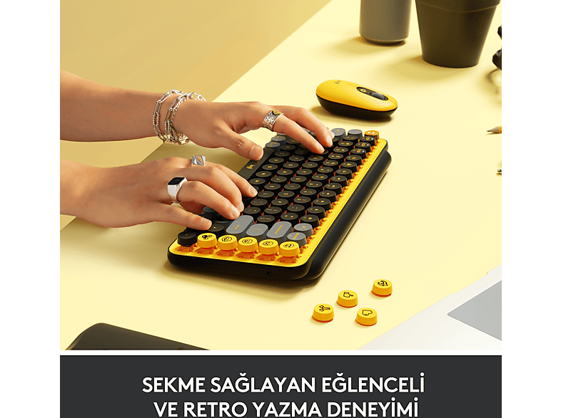 LOGITECH POP Keys Blast Özelleştirilebilir Emoji Tuşlu Mekanik Kablosuz Klavye - Sarı&Siyah_3