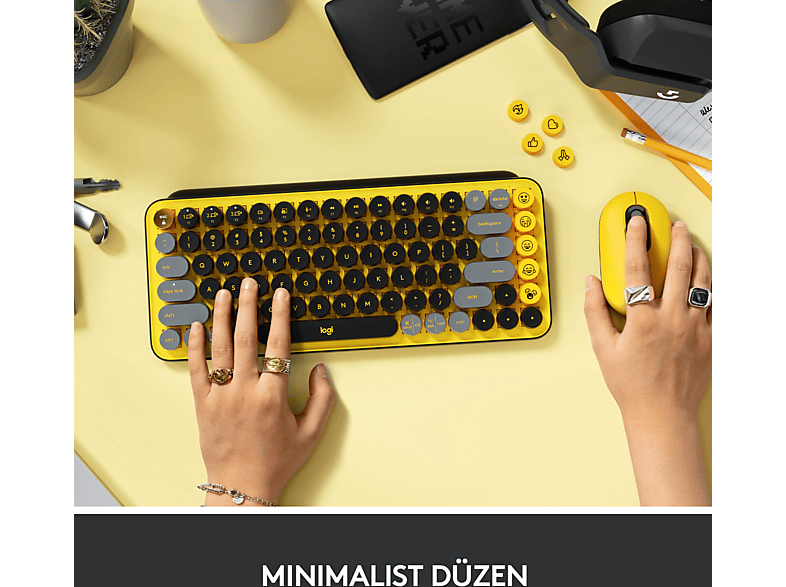 LOGITECH POP Keys Blast Özelleştirilebilir Emoji Tuşlu Mekanik Kablosuz Klavye - Sarı&Siyah_4