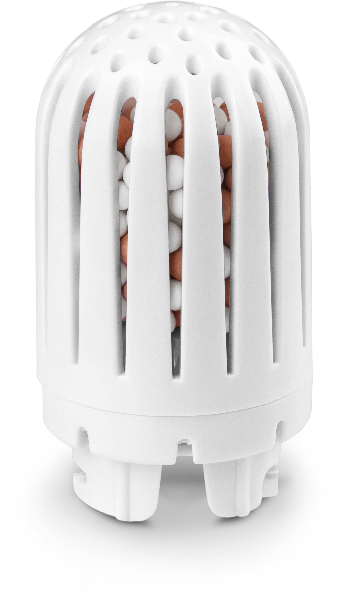 Filtre d'humidificateur blanc avec des billes marron et blanches. Des barres blanches verticales couvrent les billes.
