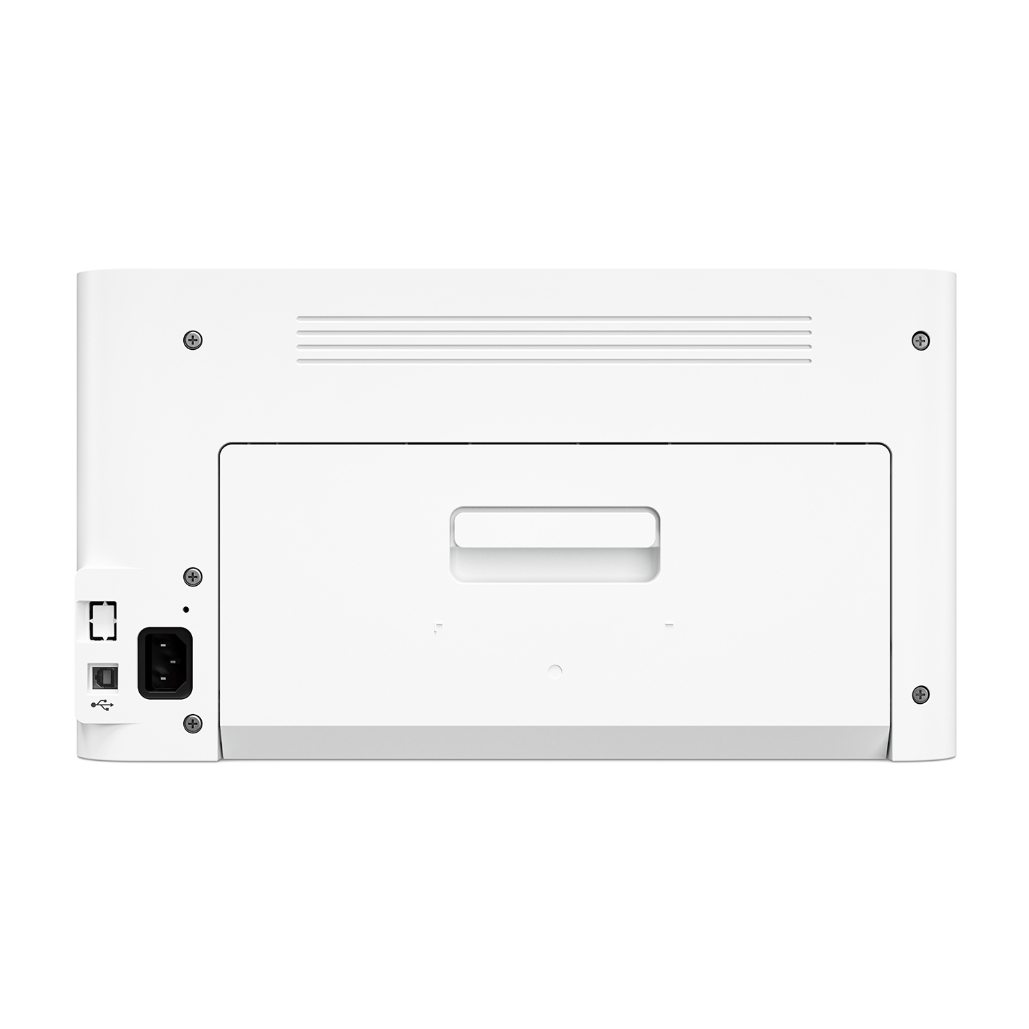 Il retro di una stampante bianca, che mostra la porta di alimentazione, la porta USB e una copertura.