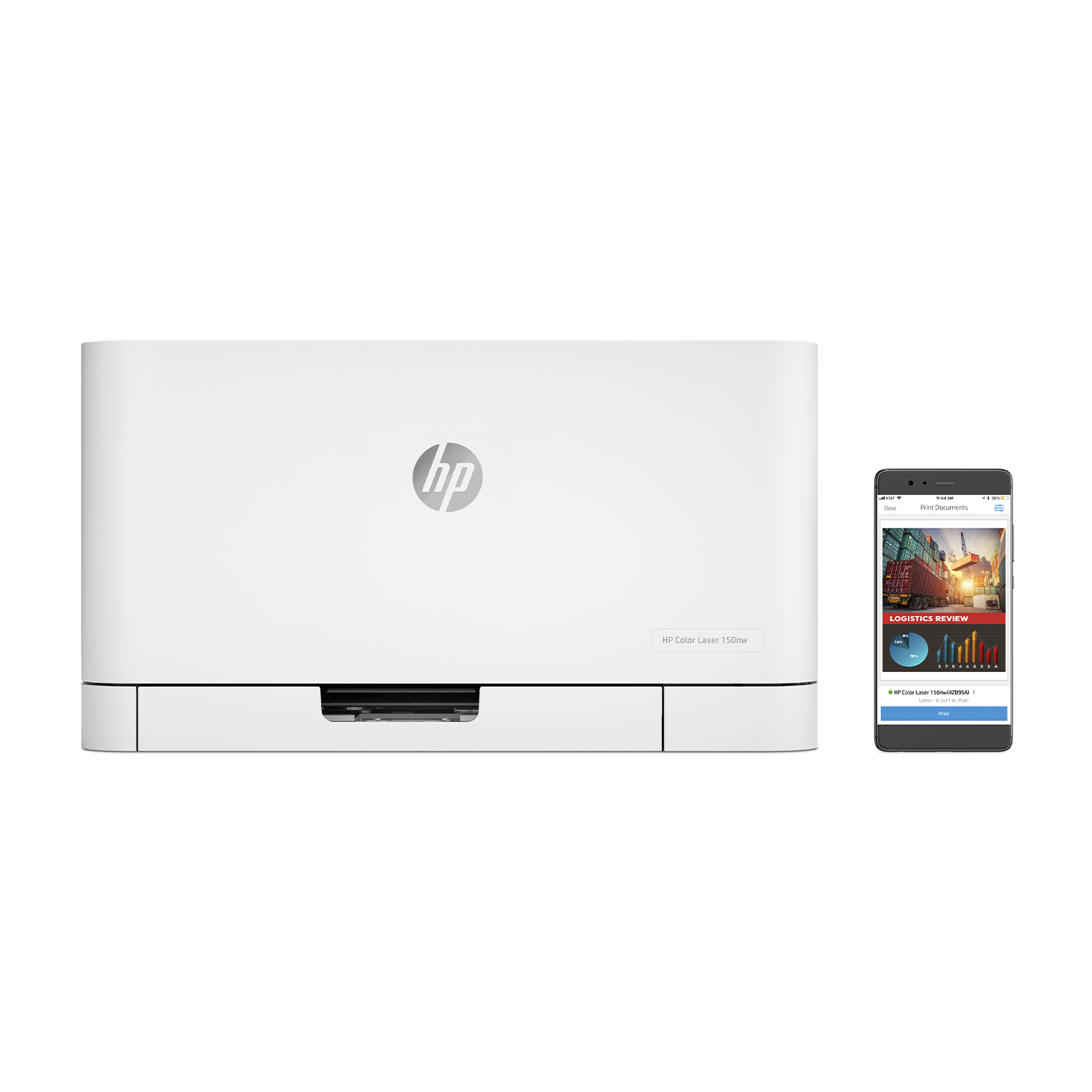 Stampante HP bianca con un telefono che mostra un'interfaccia dell'app sullo sfondo.