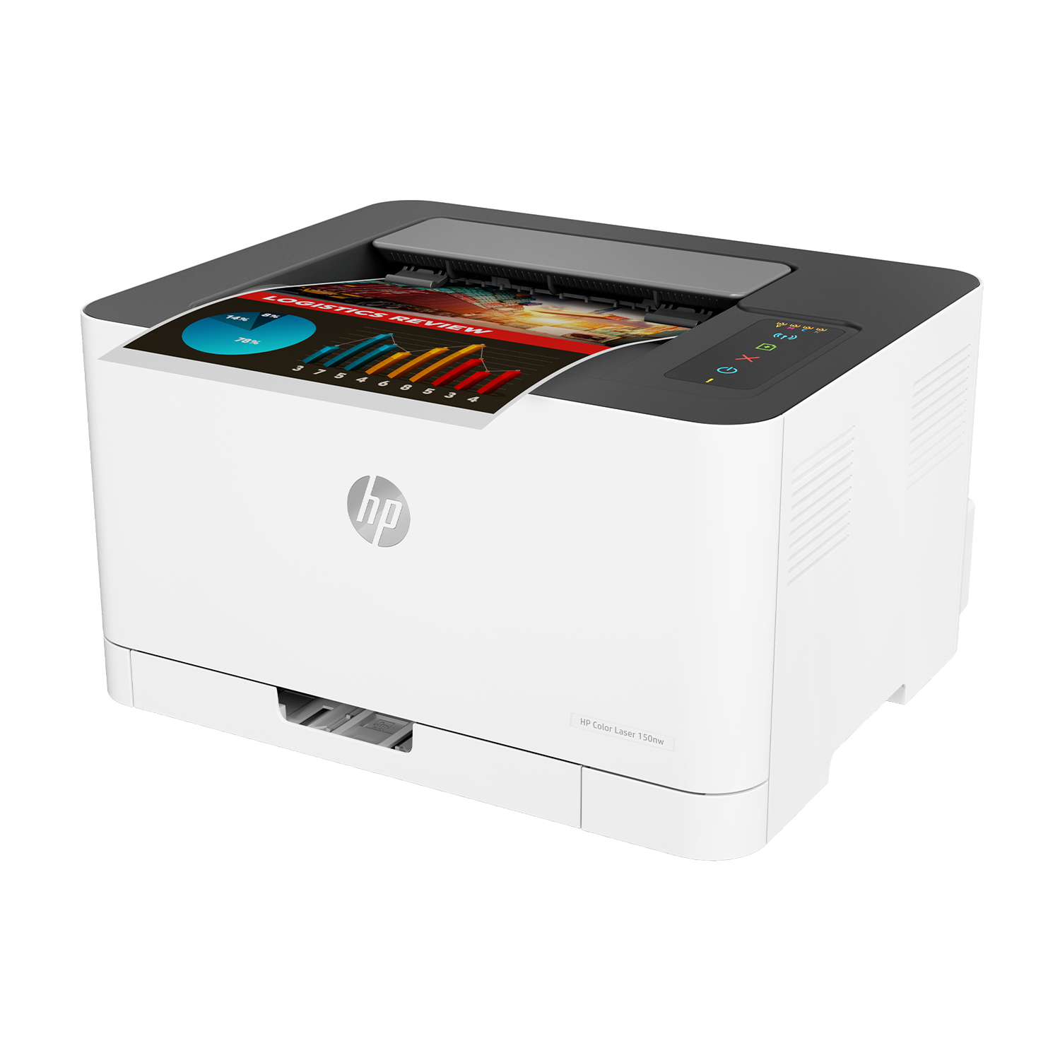 Stampante HP bianca con un documento stampato all'interno. La stampante ha un coperchio nero e uno schermo.