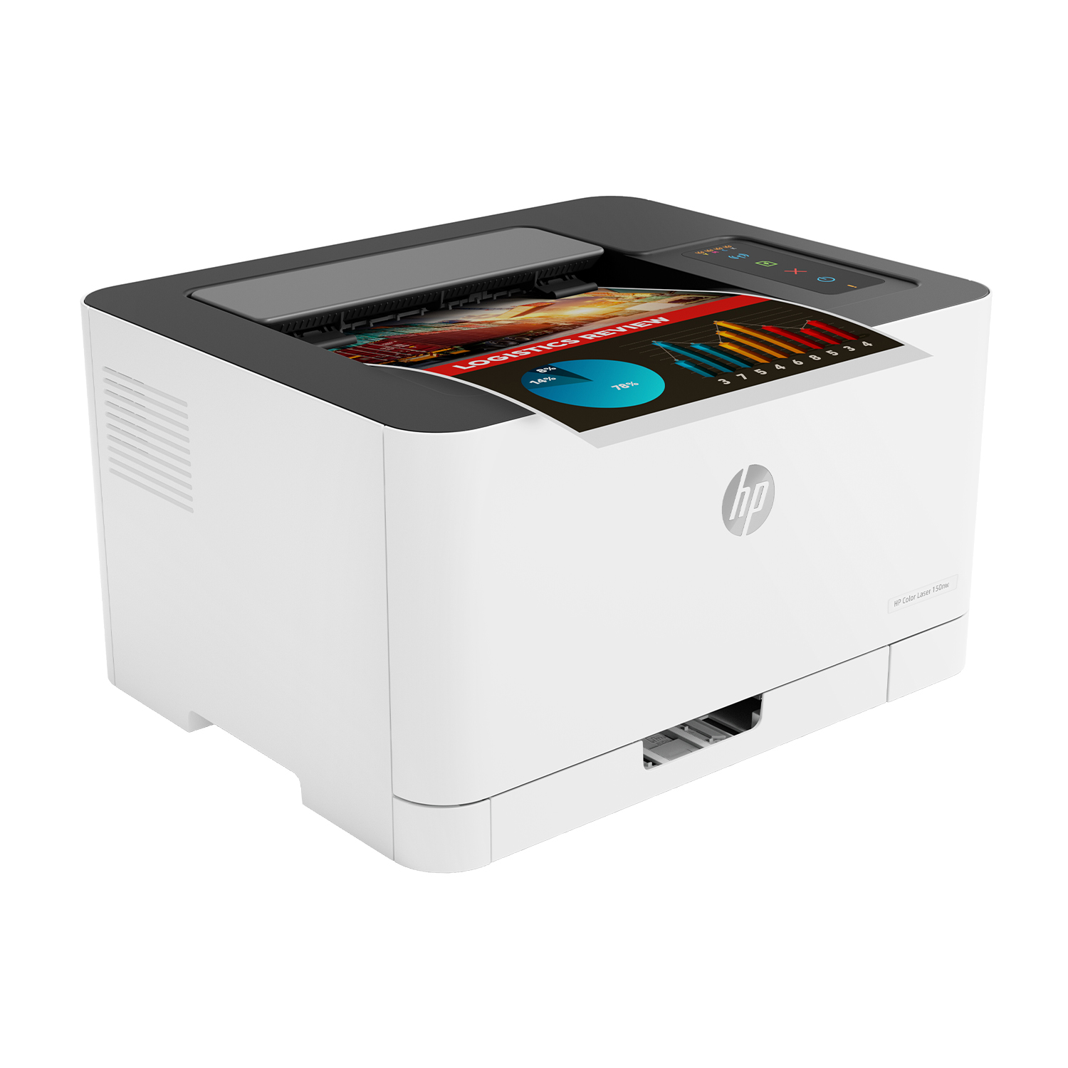 Stampante laser a colori HP bianca. Il vassoio della carta è parzialmente aperto e una stampa è visibile.