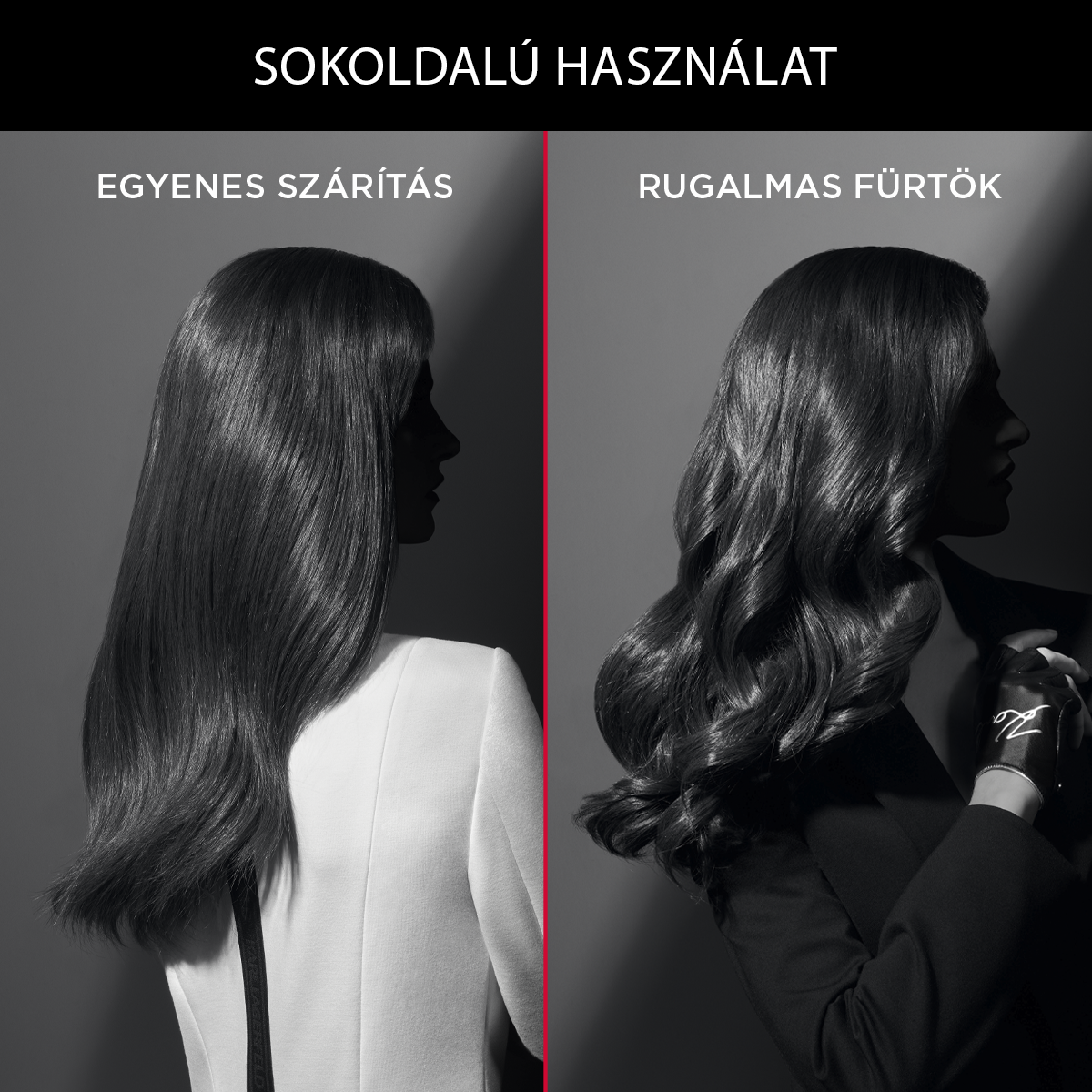 Két nő különböző frizurával, egyenes és hullámos, szürke háttér előtt.