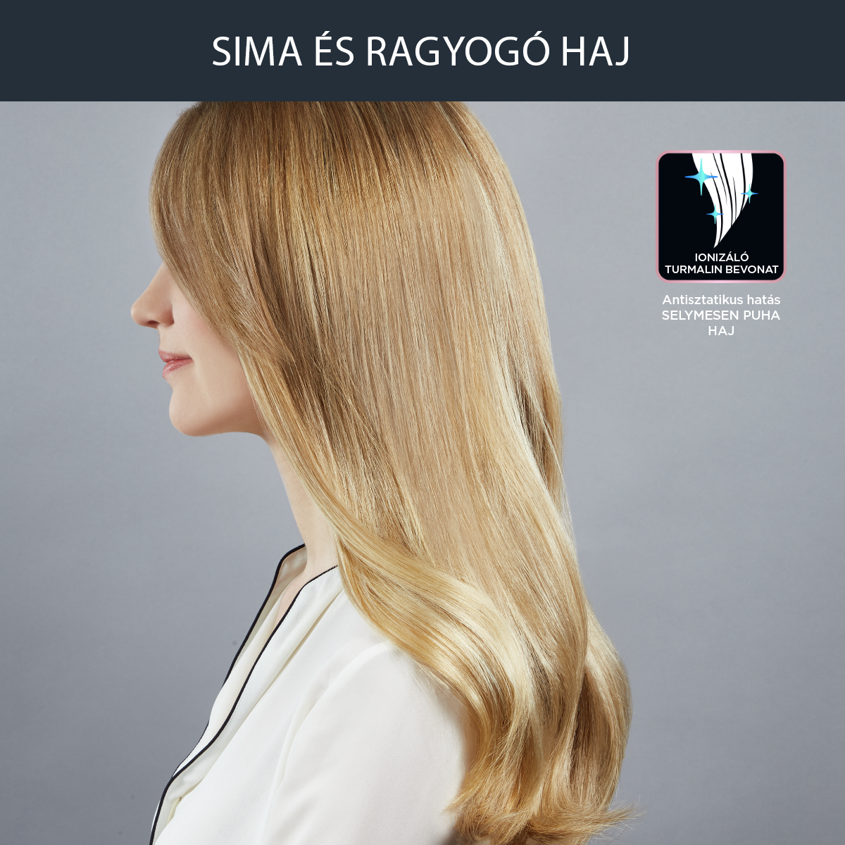 Szőke hajú nő, sima, fényes hajjal, oldalsó nézet.