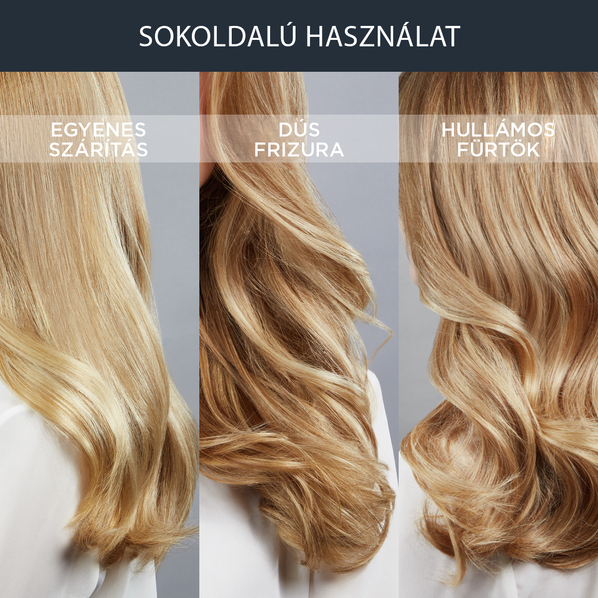 Három frizura: Egyenes, göndör és hullámos szőke haj. Szöveg: Sokoldalú használat.