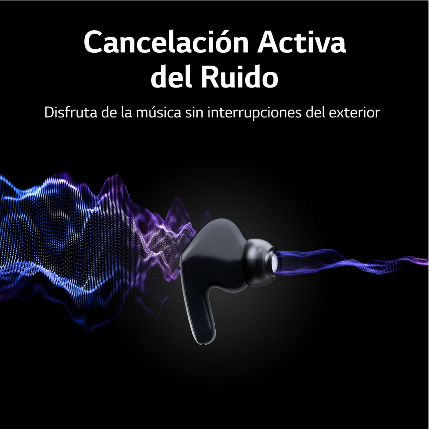 Auriculares inalámbricos negros con estuche de carga. Texto sobre cancelación de ruido.