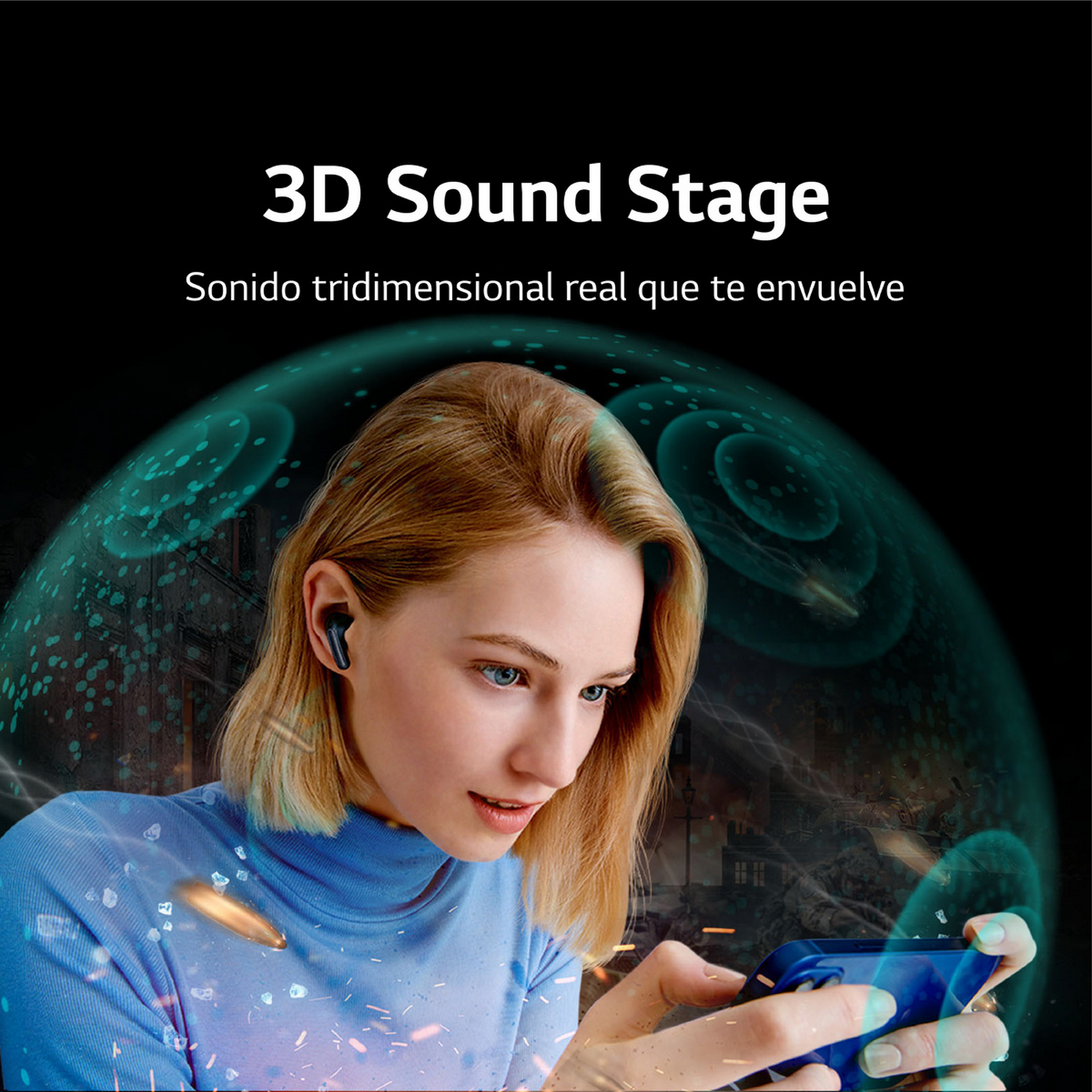 Una mujer usa un teléfono y usa auriculares negros. Los gráficos sugieren sonido 3D.