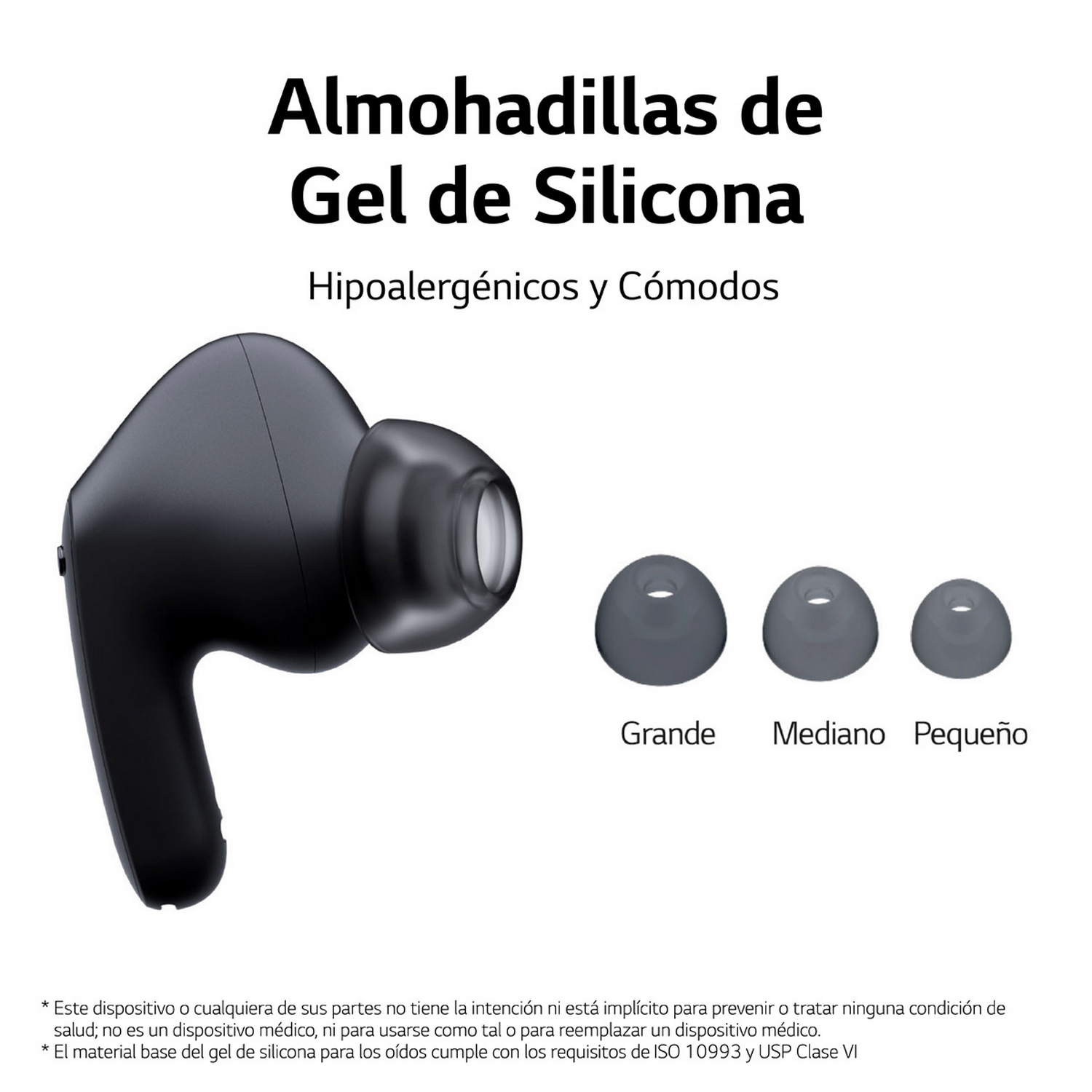 Auricular negro y tres puntas de silicona. El texto de arriba dice 'Almohadillas de Gel de Silicona'.