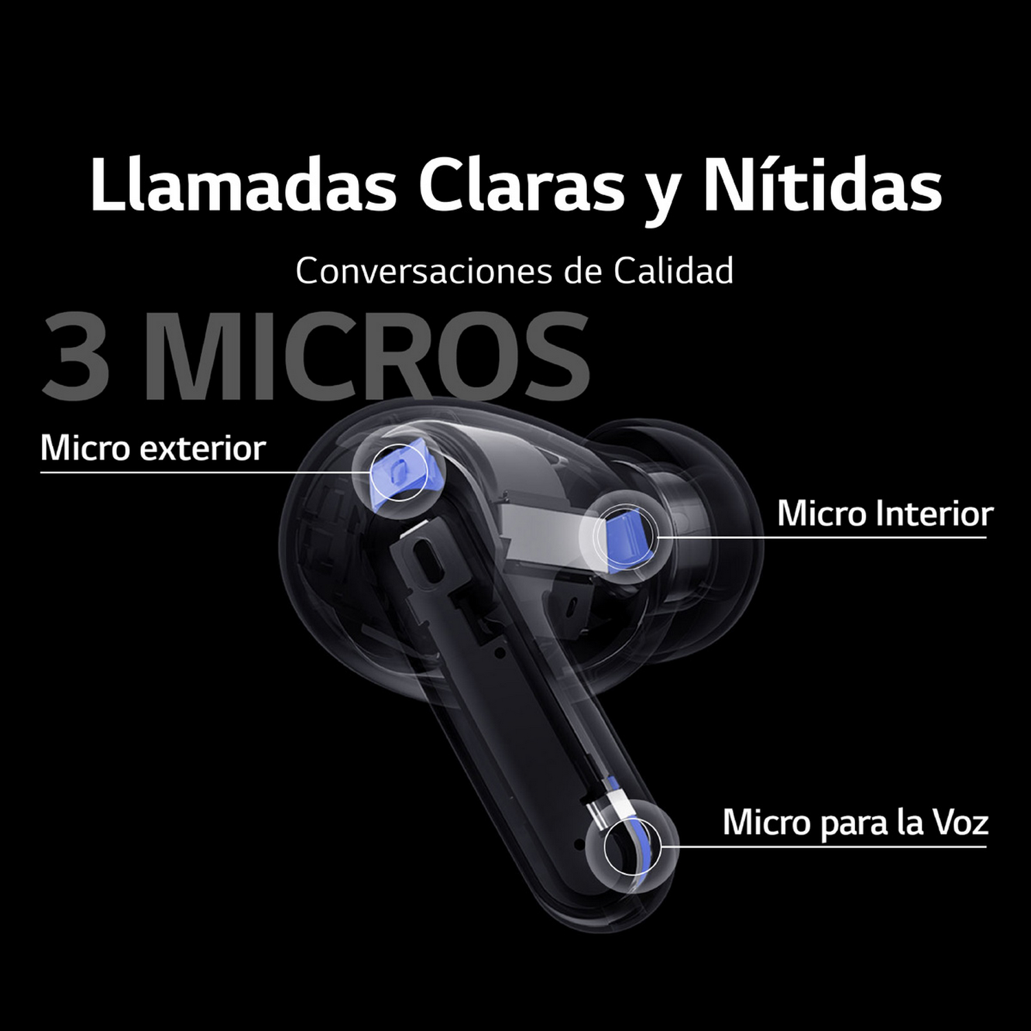 Primer plano de auriculares con tres micrófonos. Fondo negro.