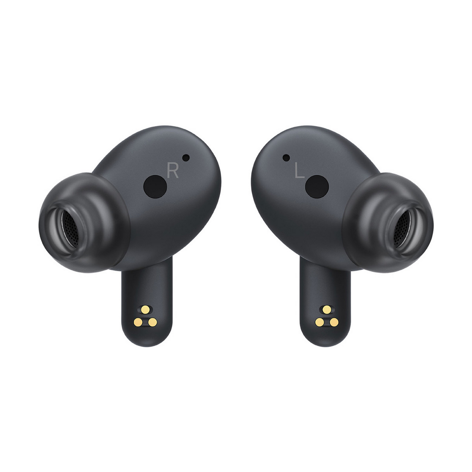 Dos auriculares inalámbricos negros, marcados L y R.
