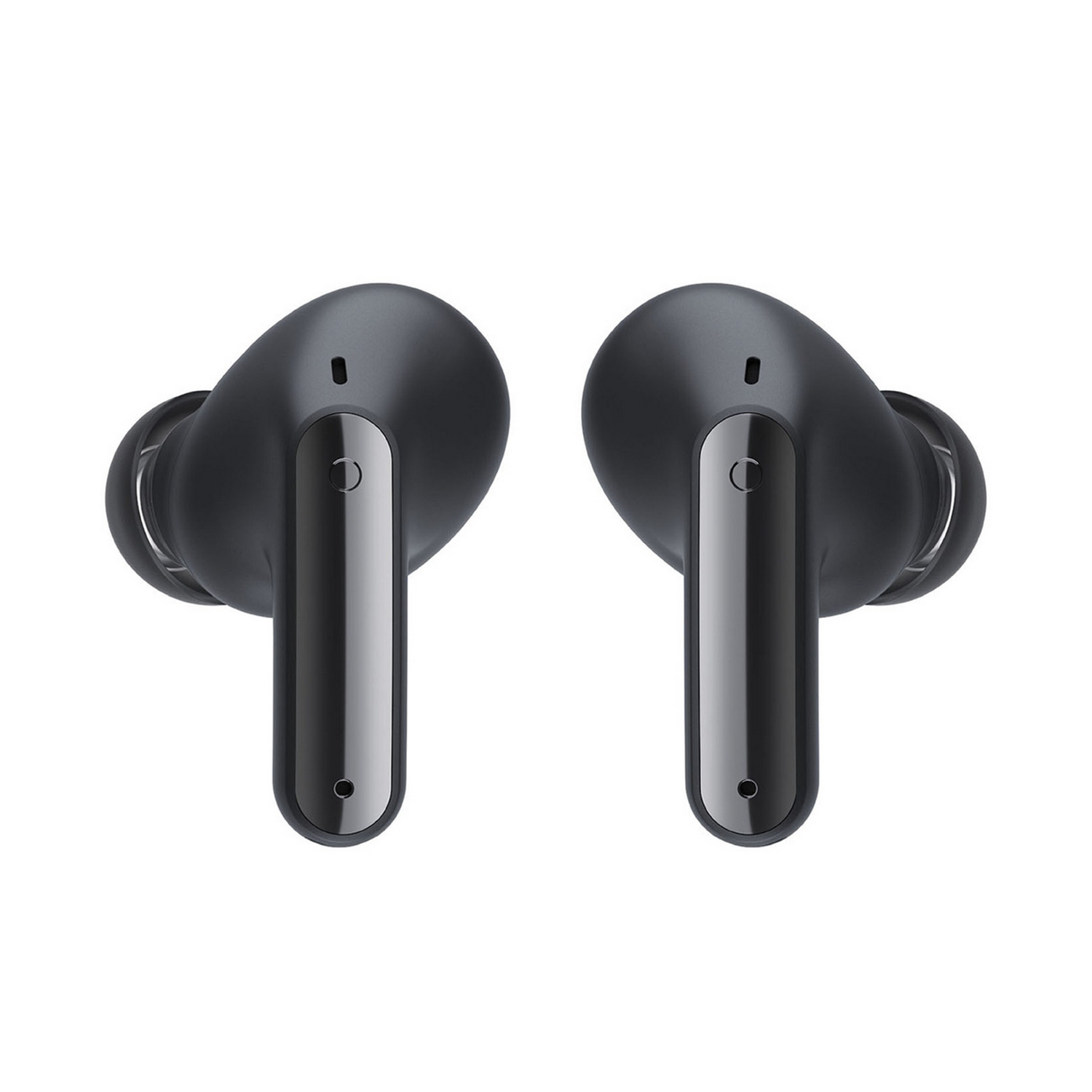 Dos auriculares inalámbricos negros sobre un fondo blanco. Cada uno tiene un tallo plateado. Se muestran desde el frente.