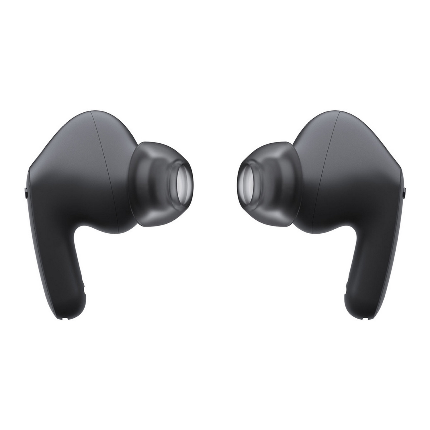 Dos auriculares inalámbricos negros con puntas blancas se muestran sobre un fondo blanco. Los auriculares se enfrentan.