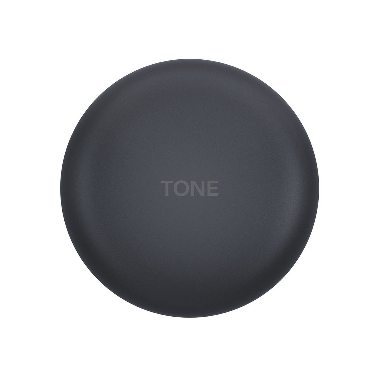 Estuche de carga circular gris oscuro para auriculares LG TONE con la palabra 'TONE'.