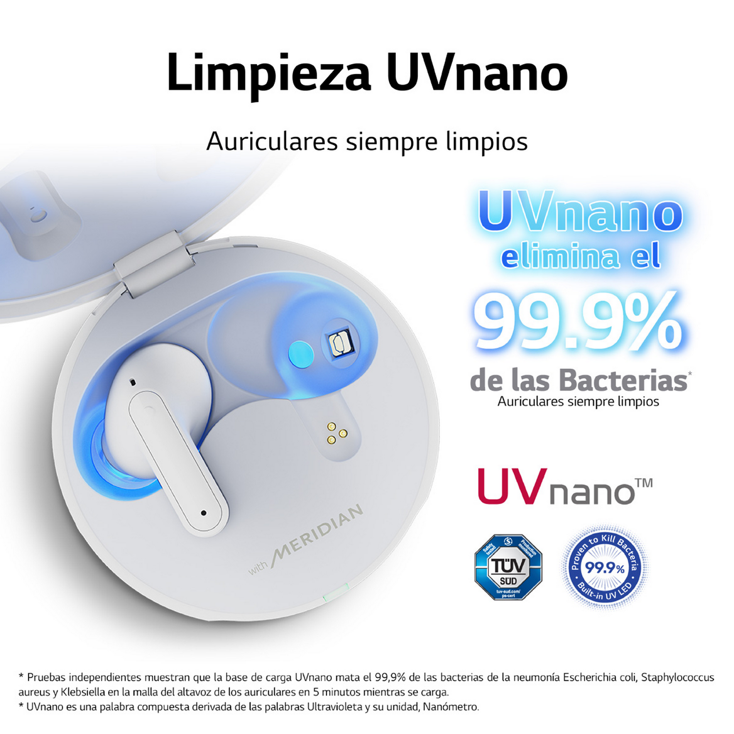 Auriculares blancos en un estuche de carga, texto que dice UVnano elimina el 99,9% de las bacterias, con logotipos.