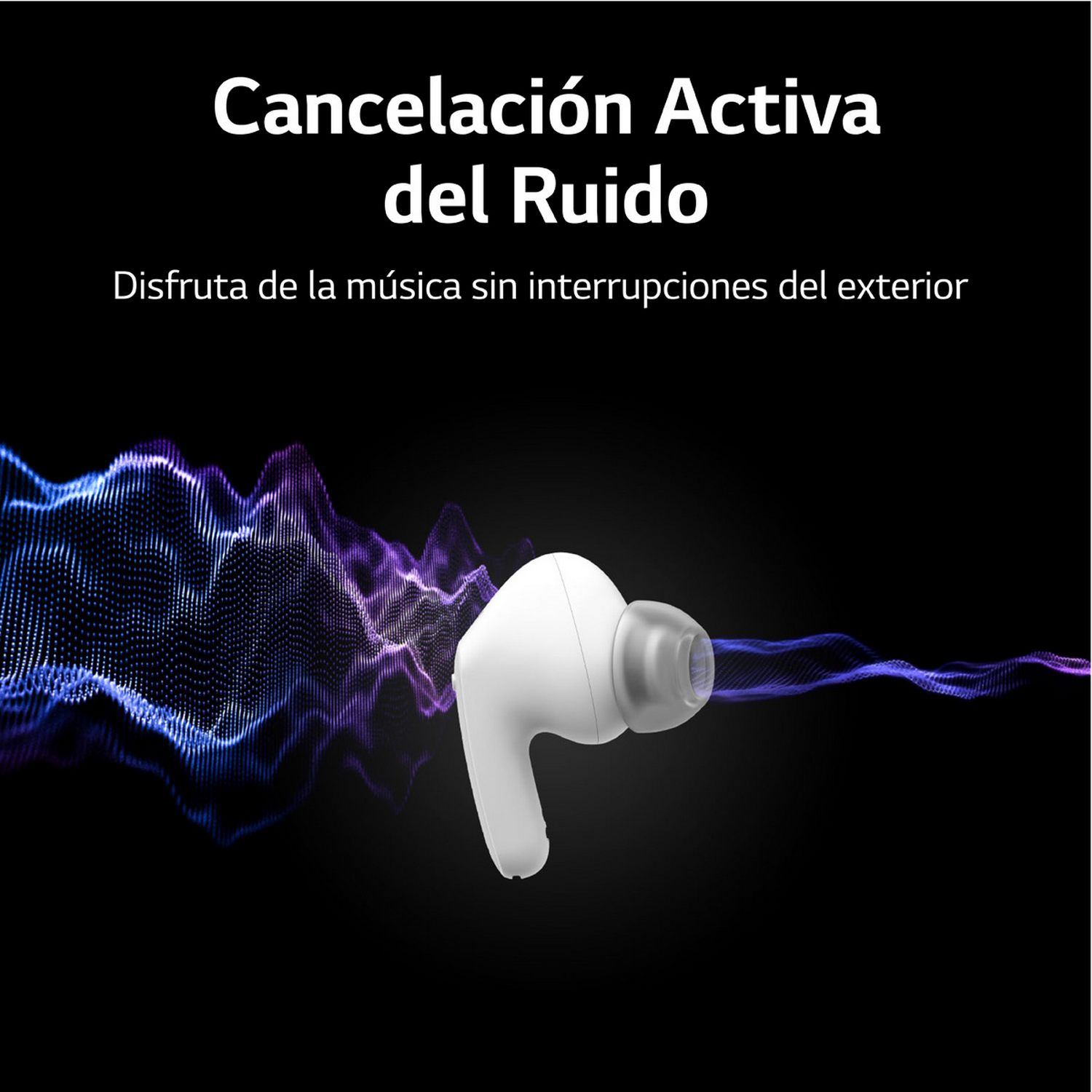Auriculares blancos con texto sobre cancelación de ruido. Ondas sonoras moradas y azules se muestran en el fondo.
