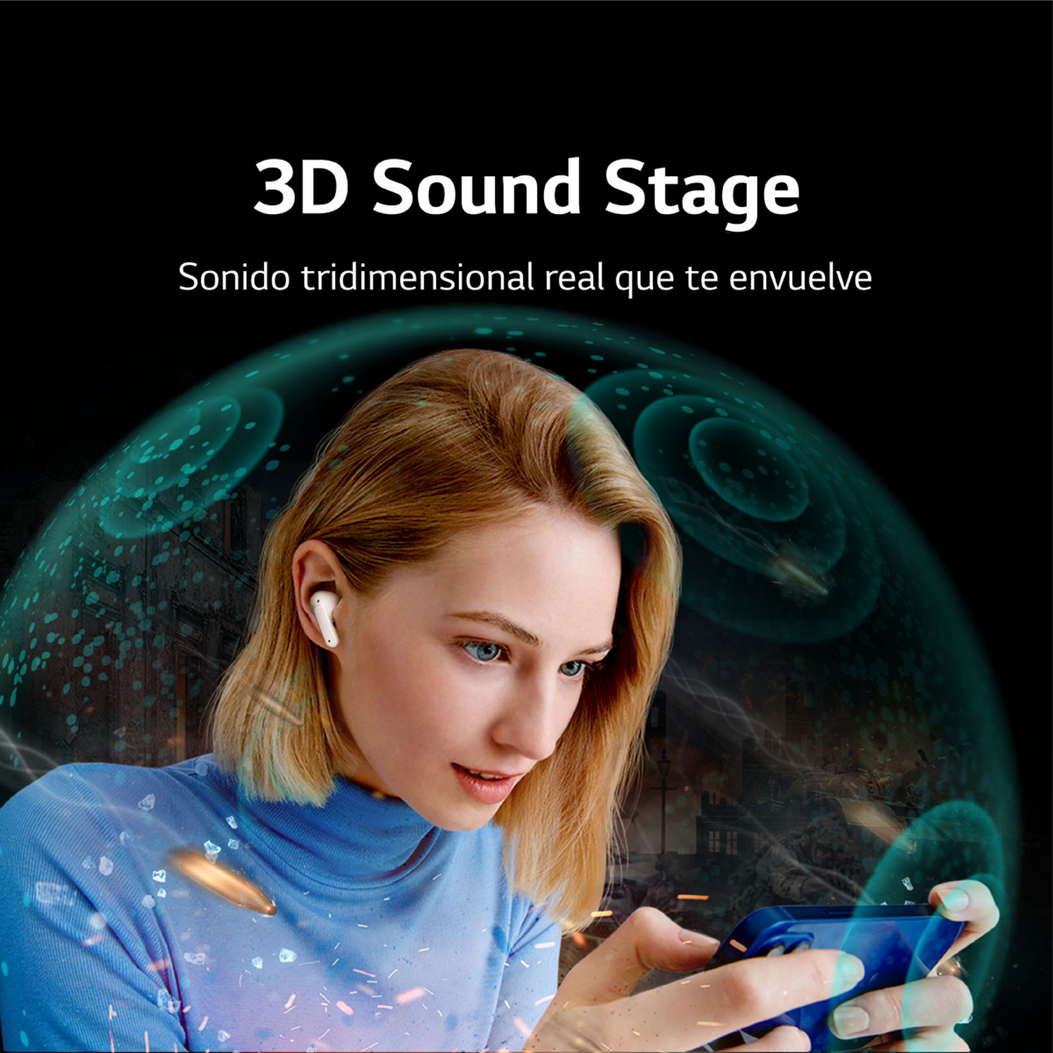 Mujer rubia con auriculares jugando en un teléfono. El texto dice '3D Sound Stage'.