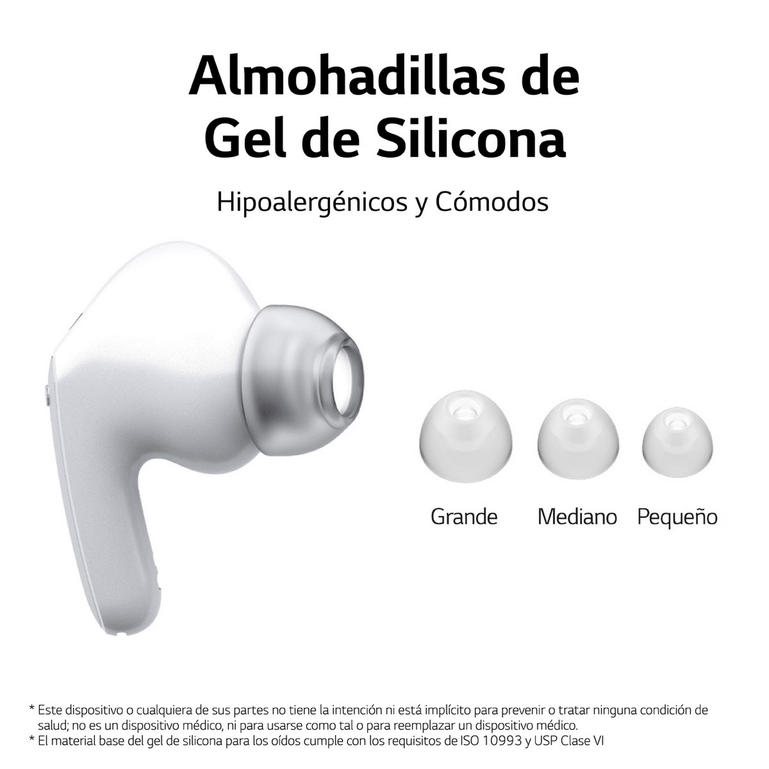 Auricular blanco con puntas de gel: grande, mediano, pequeño. Nombre del producto en español.