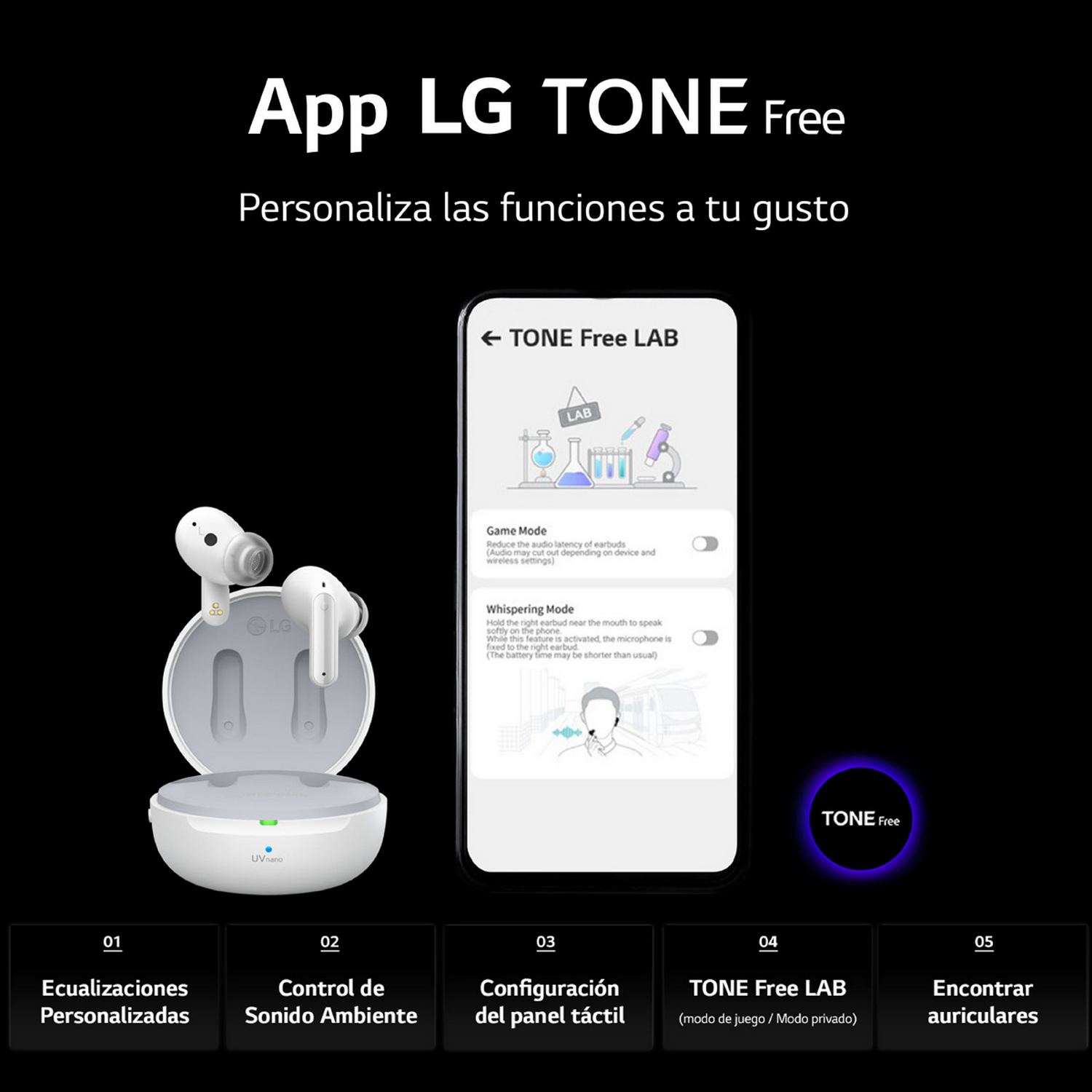 Interfaz de la aplicación LG TONE Free con auriculares y estuche de carga. Las opciones son visibles.