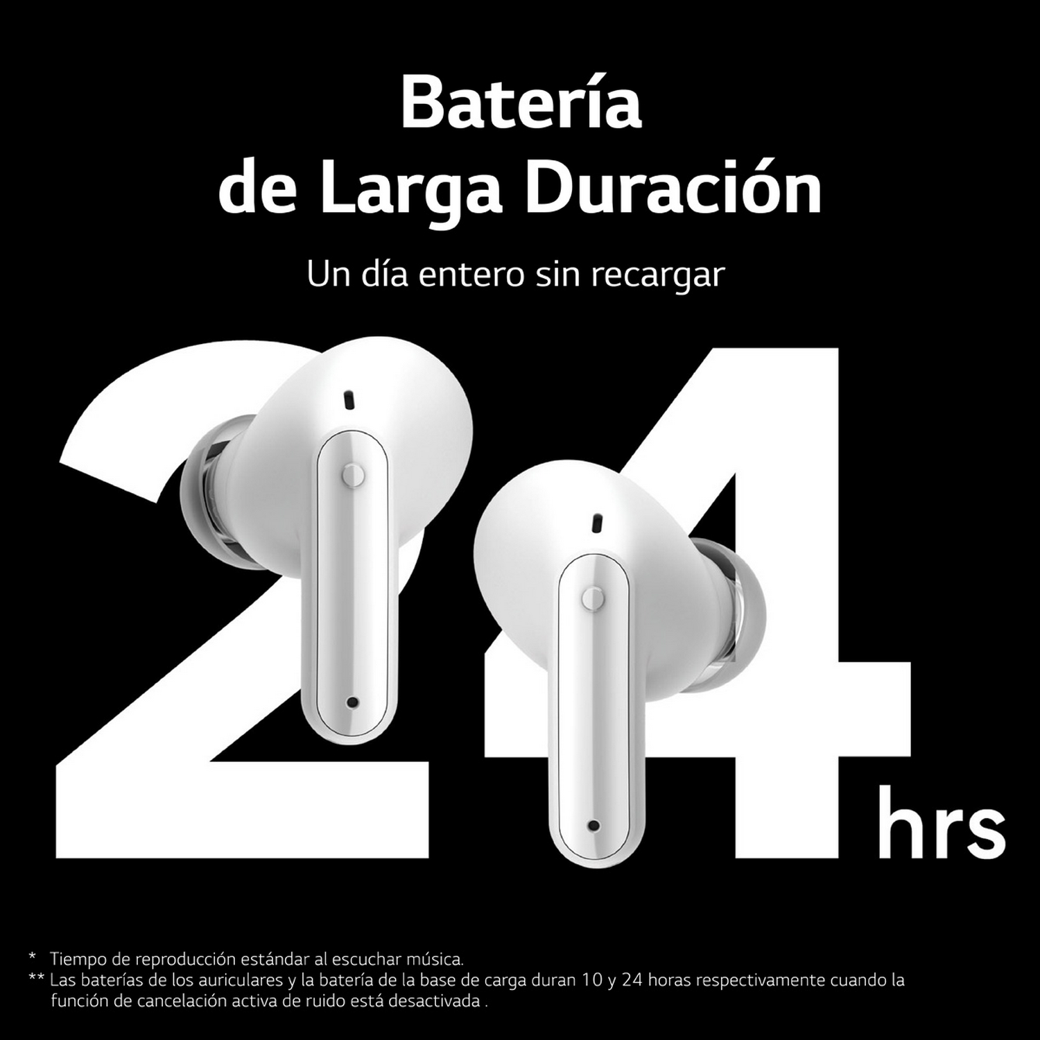 Auriculares LG blancos. Fondo con un 24 grande y texto en español sobre duración de batería.