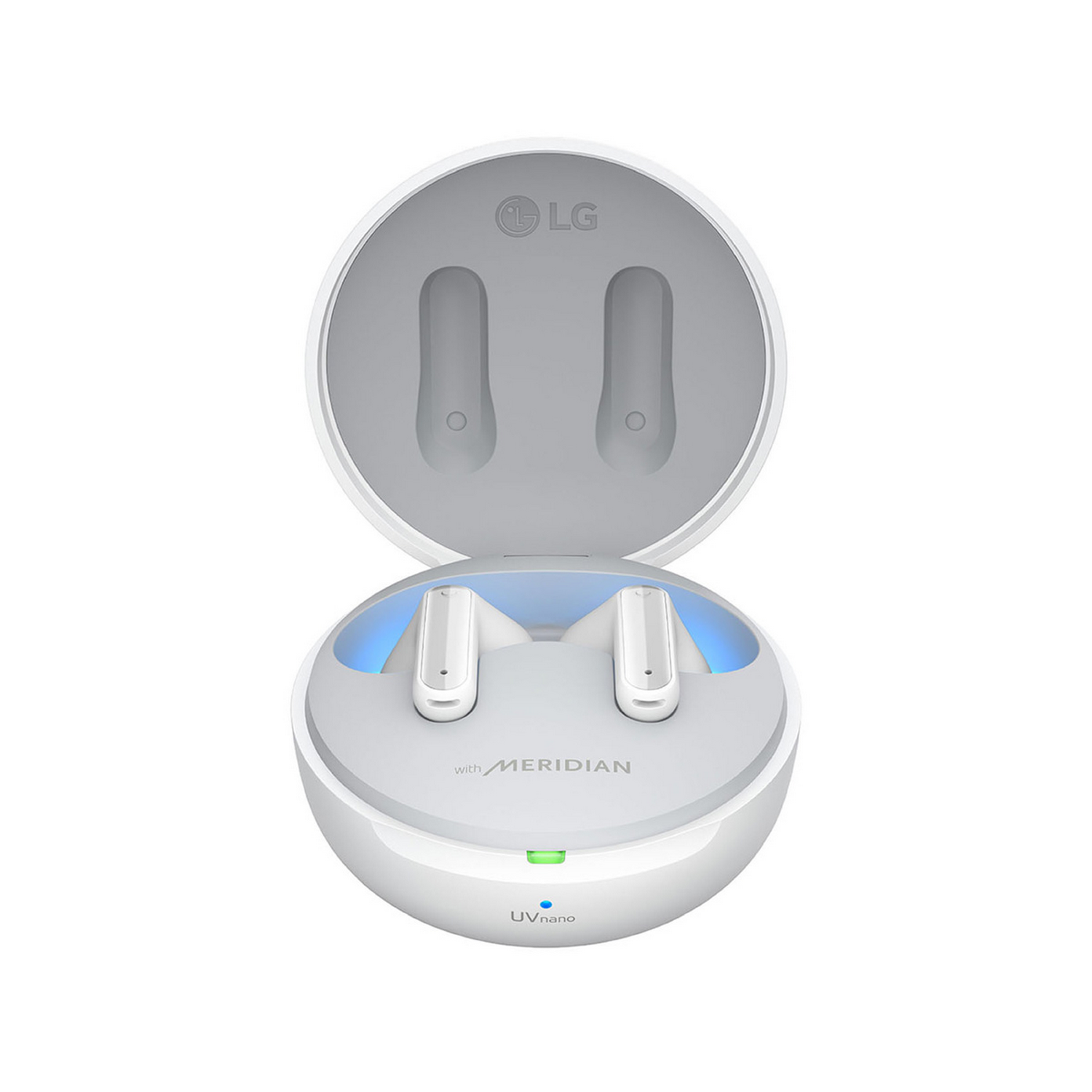 Auriculares blancos en un estuche de carga. El estuche está abierto, mostrando los auriculares. Los logotipos de LG y Meridian.