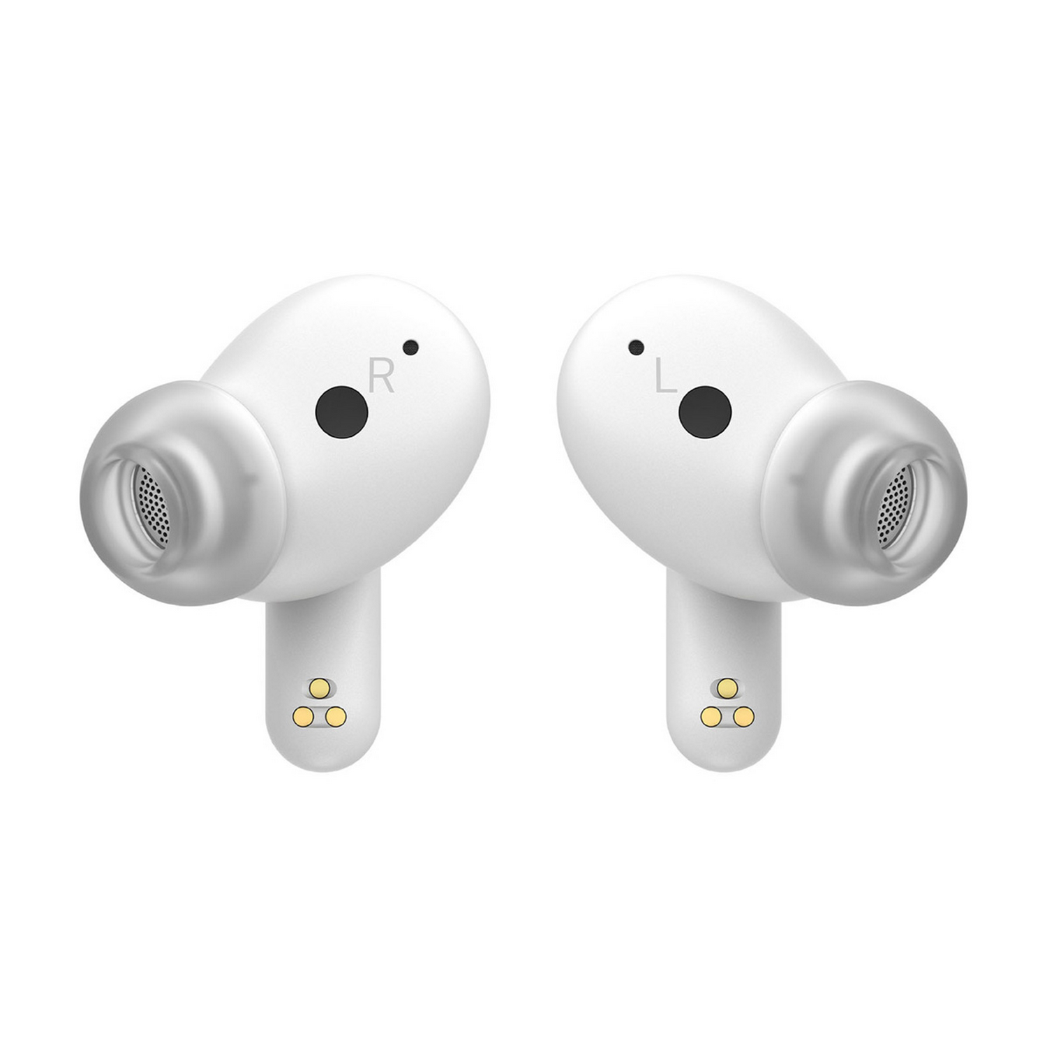 Auriculares blancos con la letra 'R' y puntos. Tienen un puerto de carga.