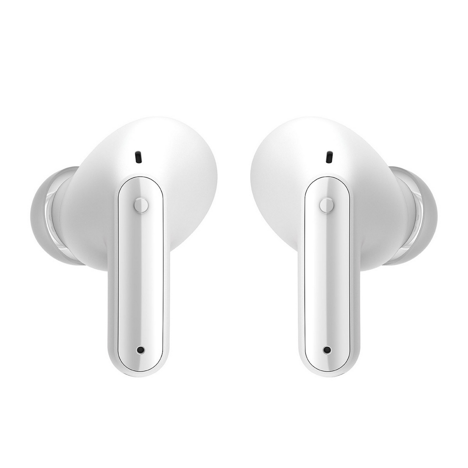 Par de auriculares blancos. Cada uno tiene un tallo largo con micrófono y punta redondeada.