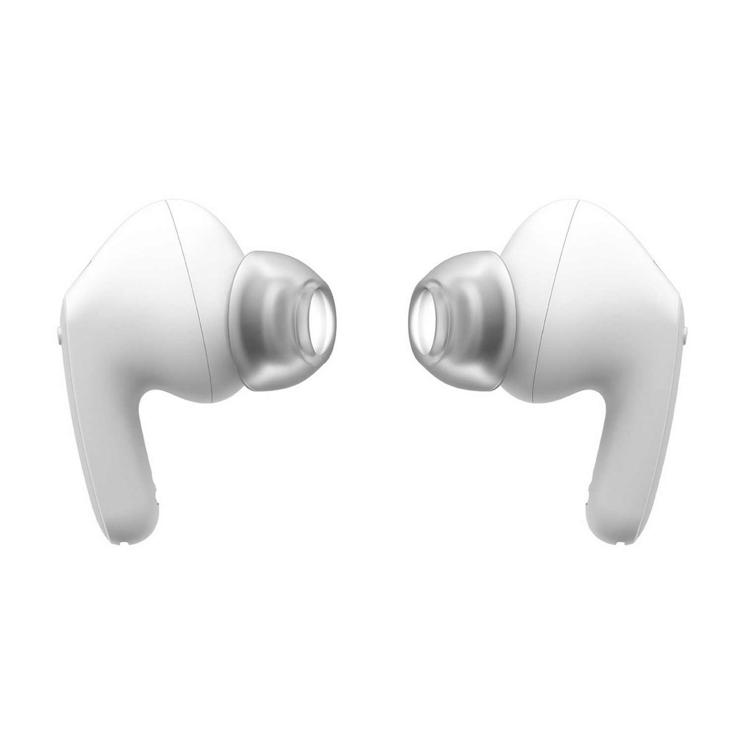 Auriculares blancos con punta gris. Los auriculares se enfrentan entre sí sobre un fondo blanco.