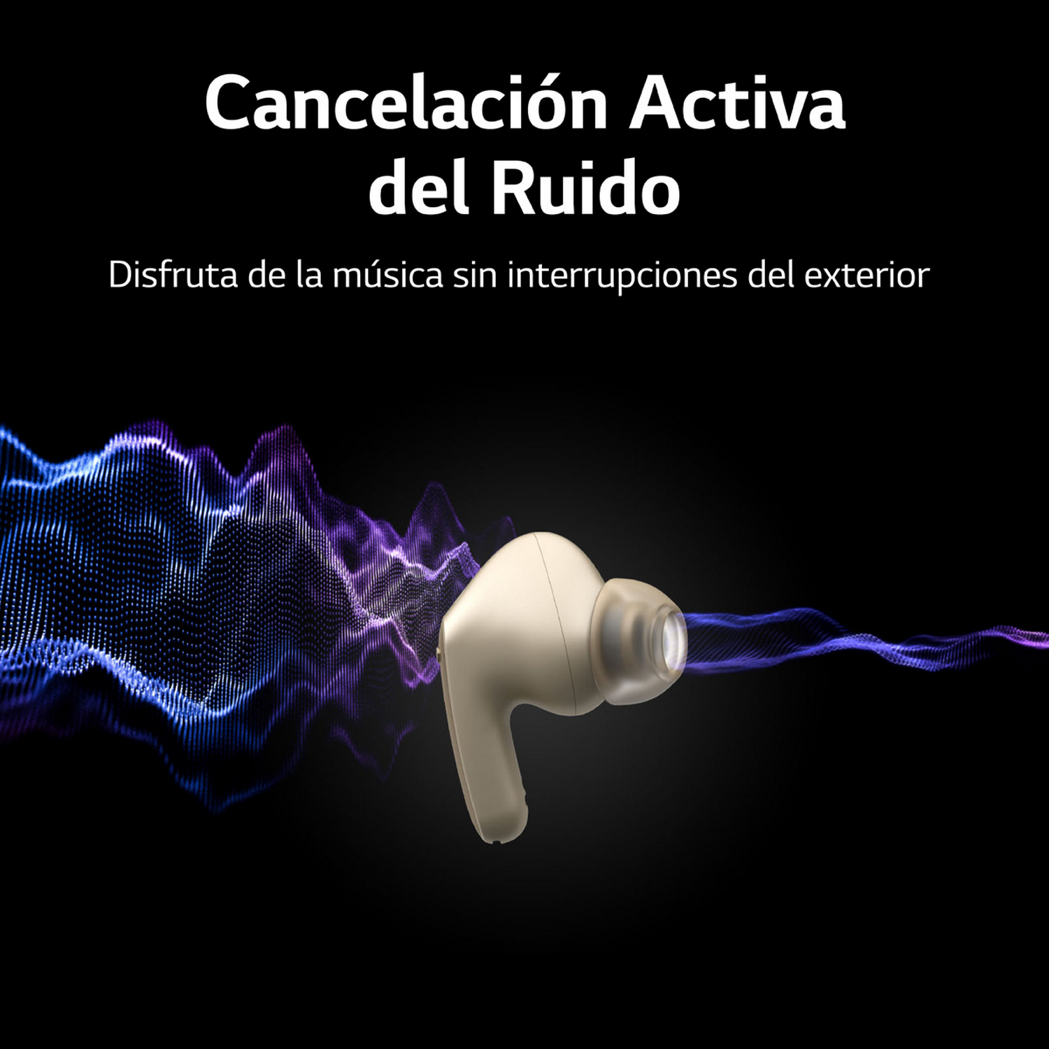 Auriculares con texto en español sobre cancelación de ruido y fondo morado.