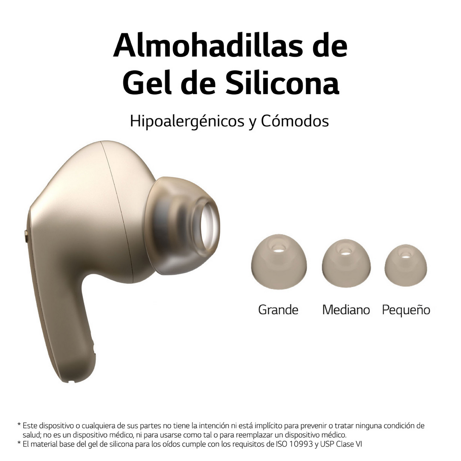 Auriculares y almohadillas. Se muestran tres tamaños de almohadillas: pequeño, mediano y grande. Los auriculares son beige.