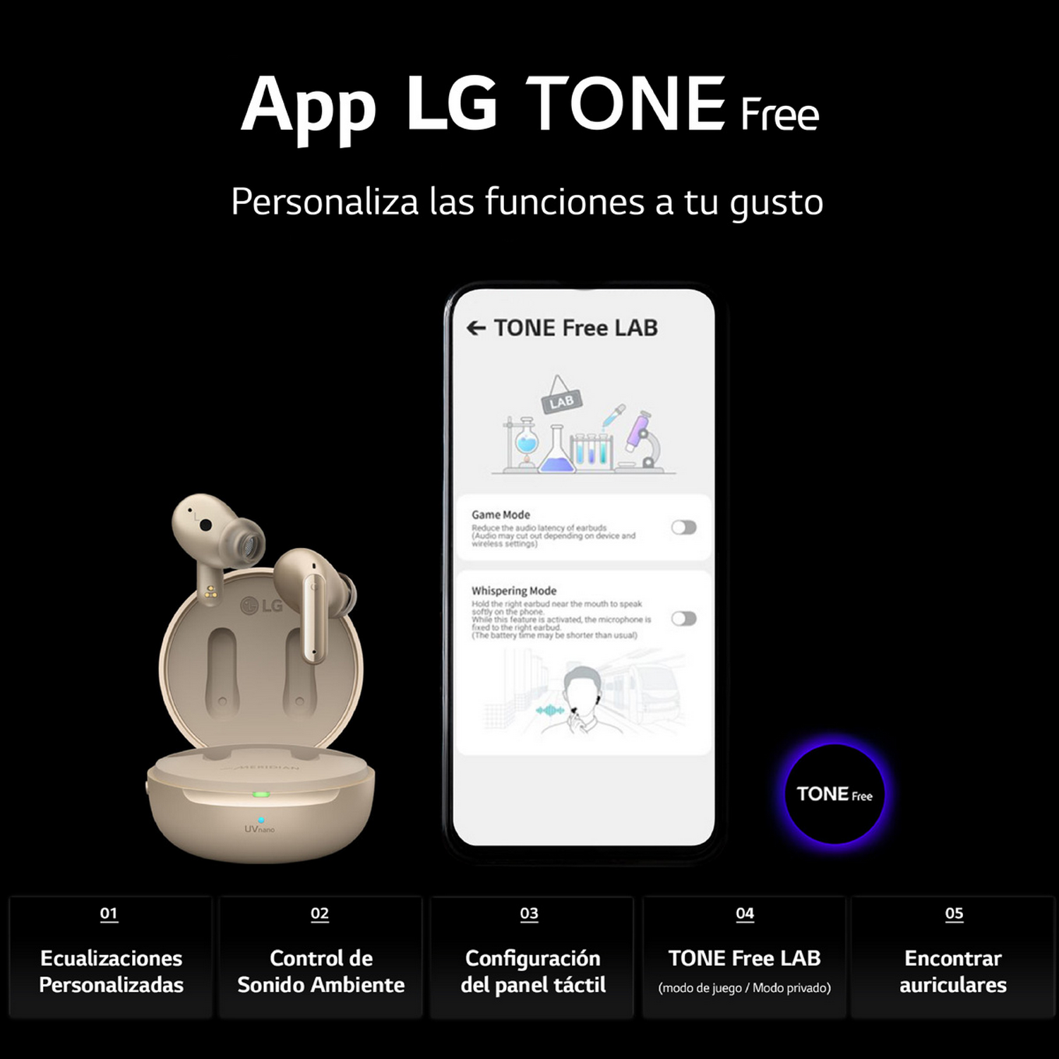 Aplicación LG Tone Free. Dos auriculares con estuche de carga sobre la mesa. Interfaz con opciones.