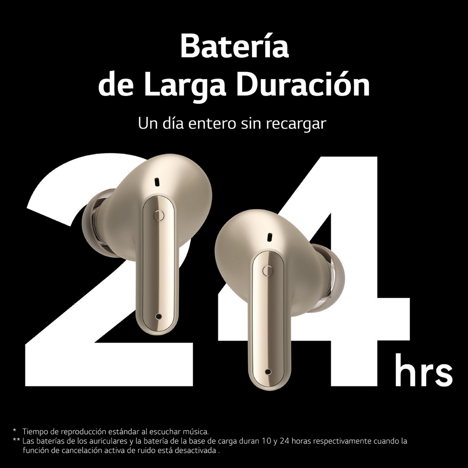 Auriculares dorados, fondo negro, texto blanco: Batería de larga duración, todo el día, 24 horas.