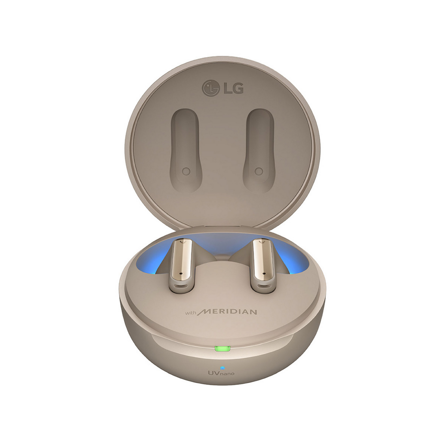 Estuche de auriculares LG beige abierto con dos auriculares dentro, luz azul, marca LG y Meridian, función UVnano.