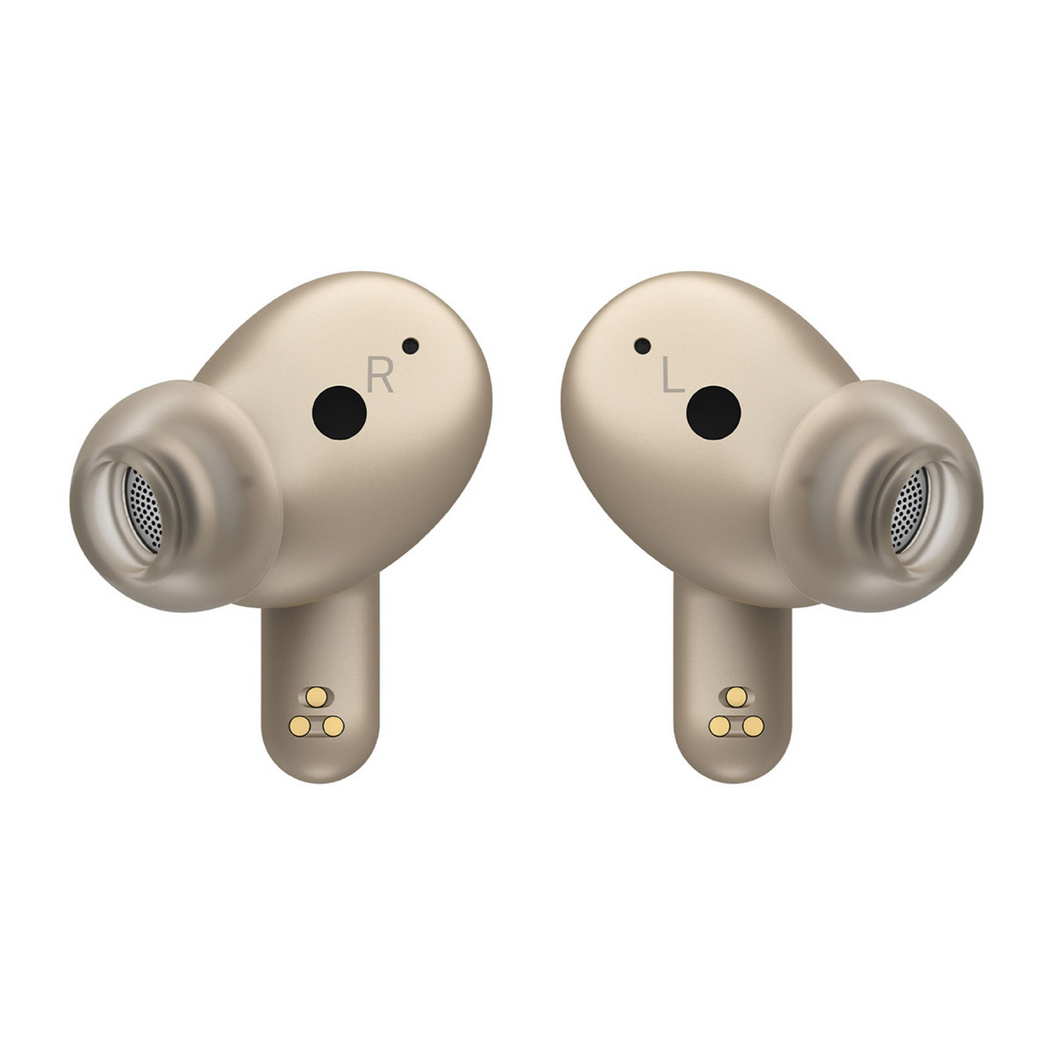 Dos auriculares dorados con un punto negro en cada uno y un puerto de carga.