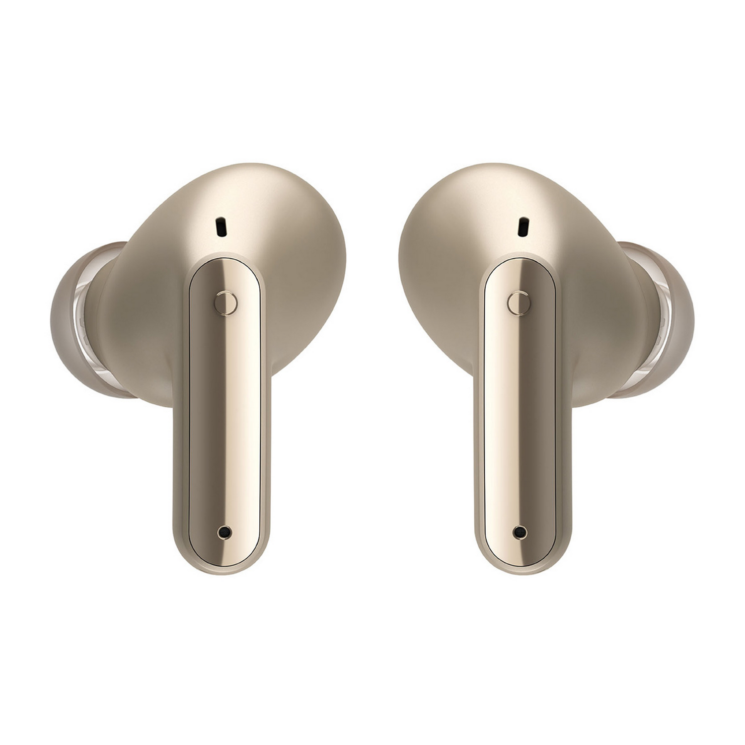 Dos auriculares dorados sobre fondo blanco. Cada uno tiene un tallo largo y una pequeña abertura para el micrófono.
