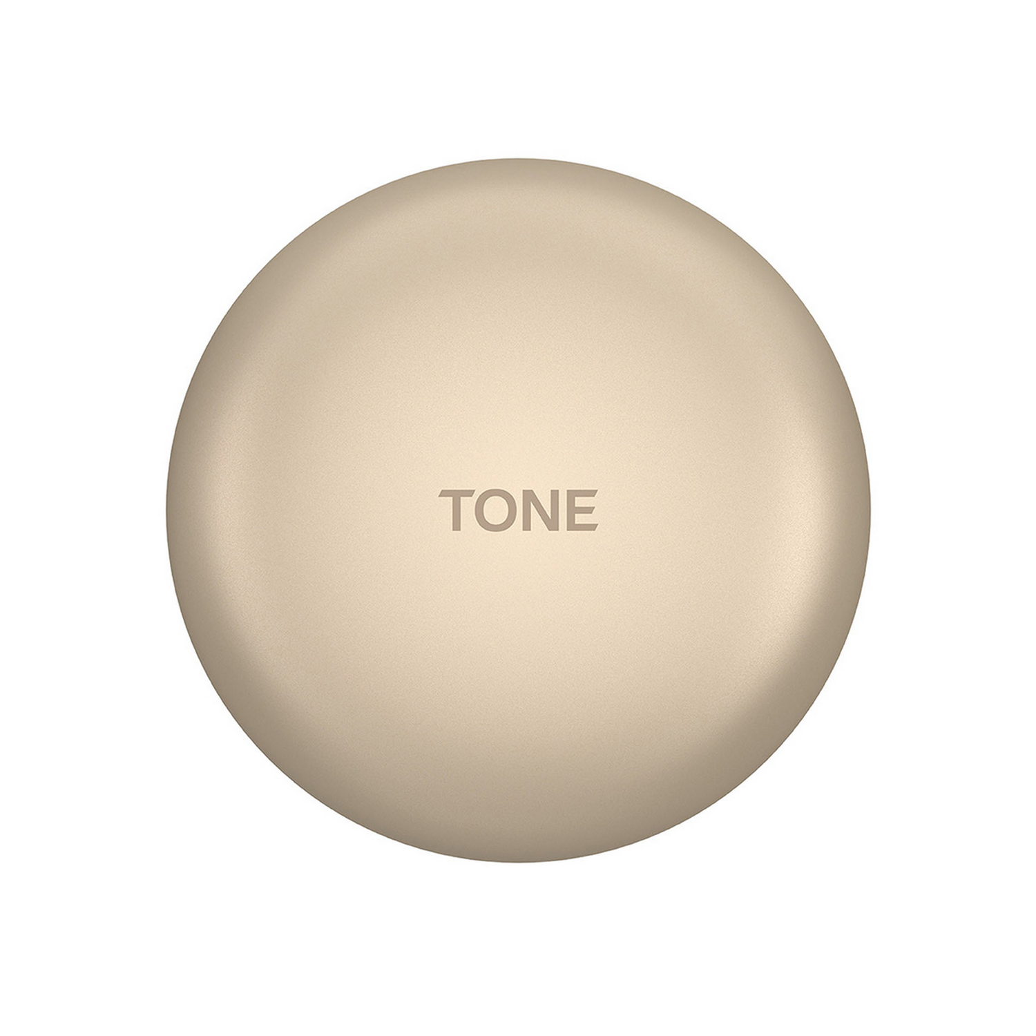 Dispositivo redondo de color beige con la palabra 'TONE' impresa. Es una vista superior.