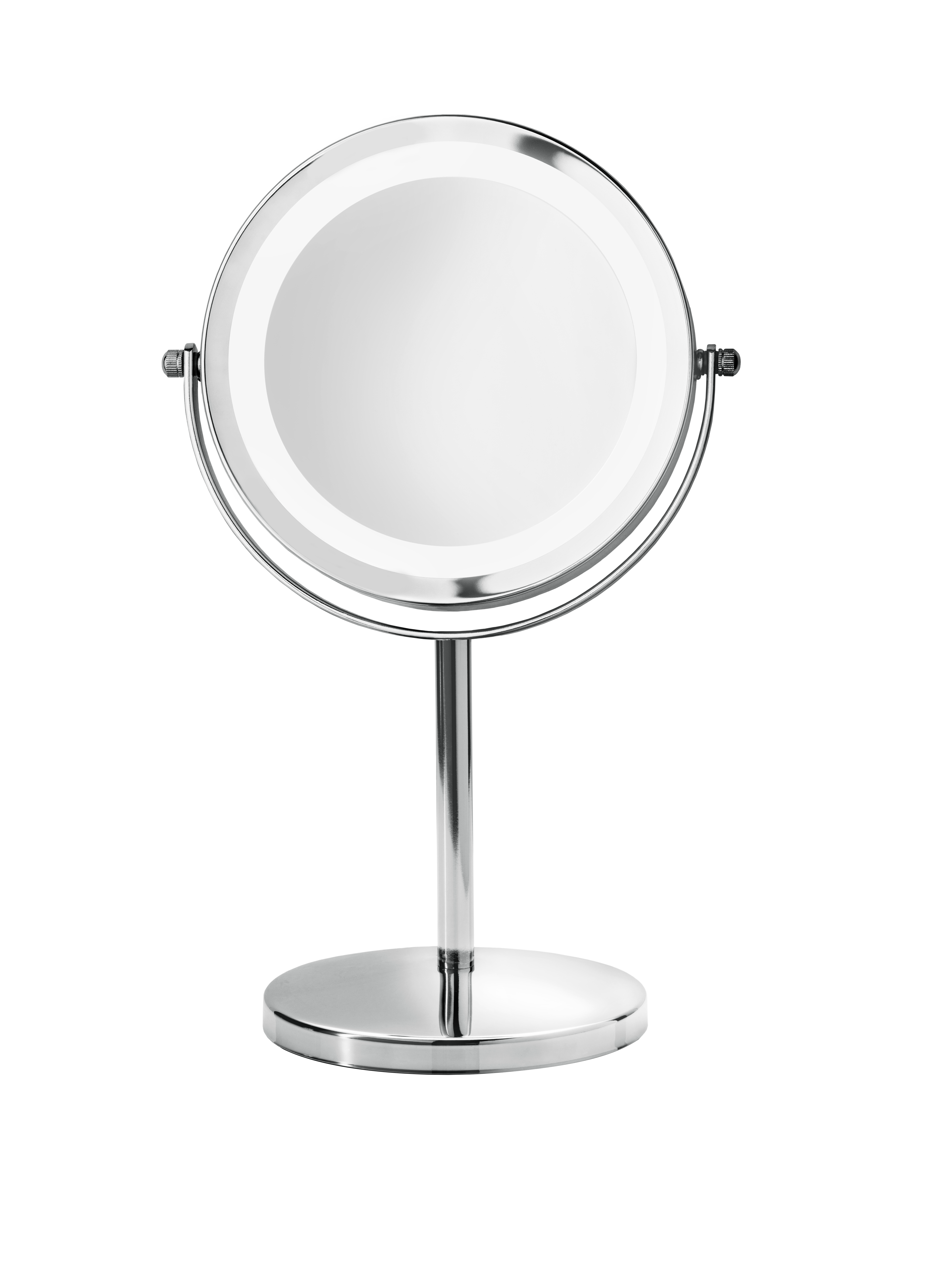 A round, silver-colored mirror with a bright light, on a stand. The background is solid black.
