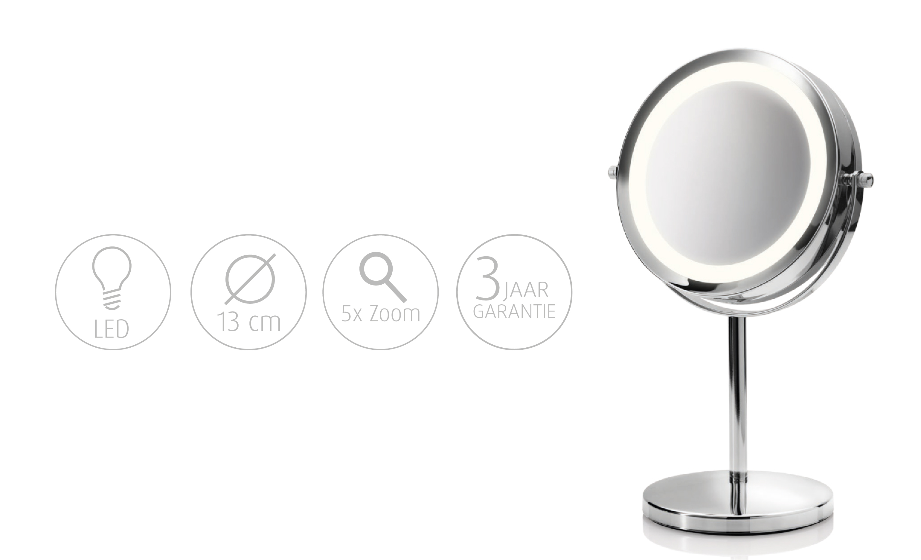 A silver LED lighted makeup mirror with a stand, and product icons in the background. The mirror is round.