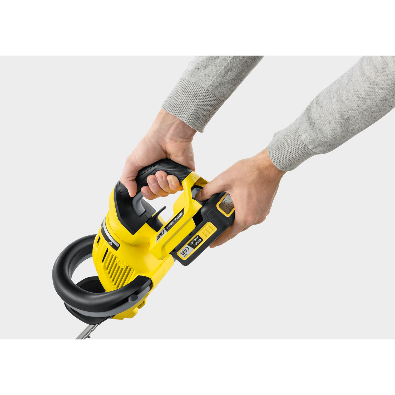 Persona che tiene un tagliasiepi giallo e nero su sfondo bianco.
