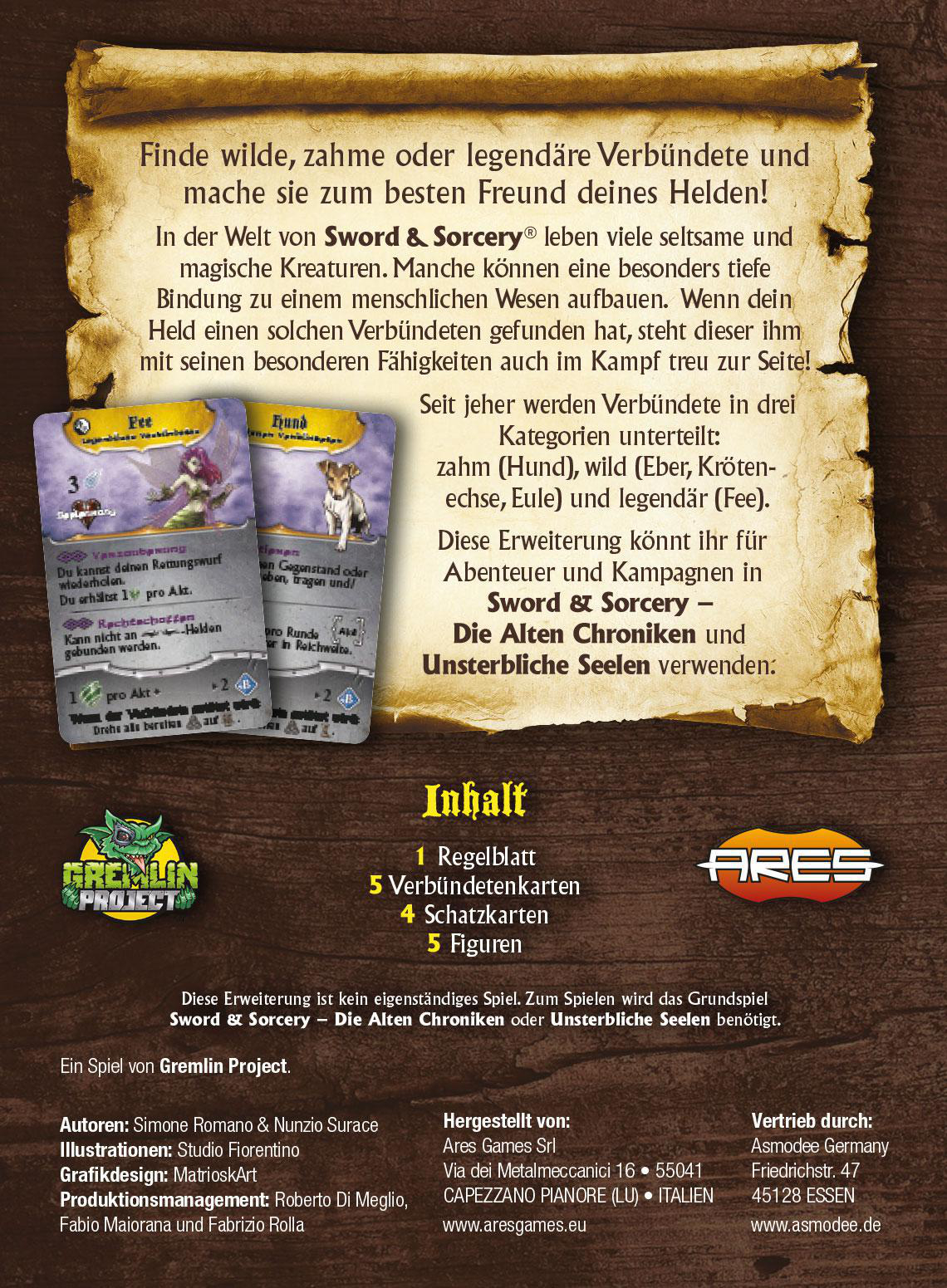 Kartenspiel mit Text auf Pergamenthintergrund. Enthält Karten, Figuren und Spielregeln.