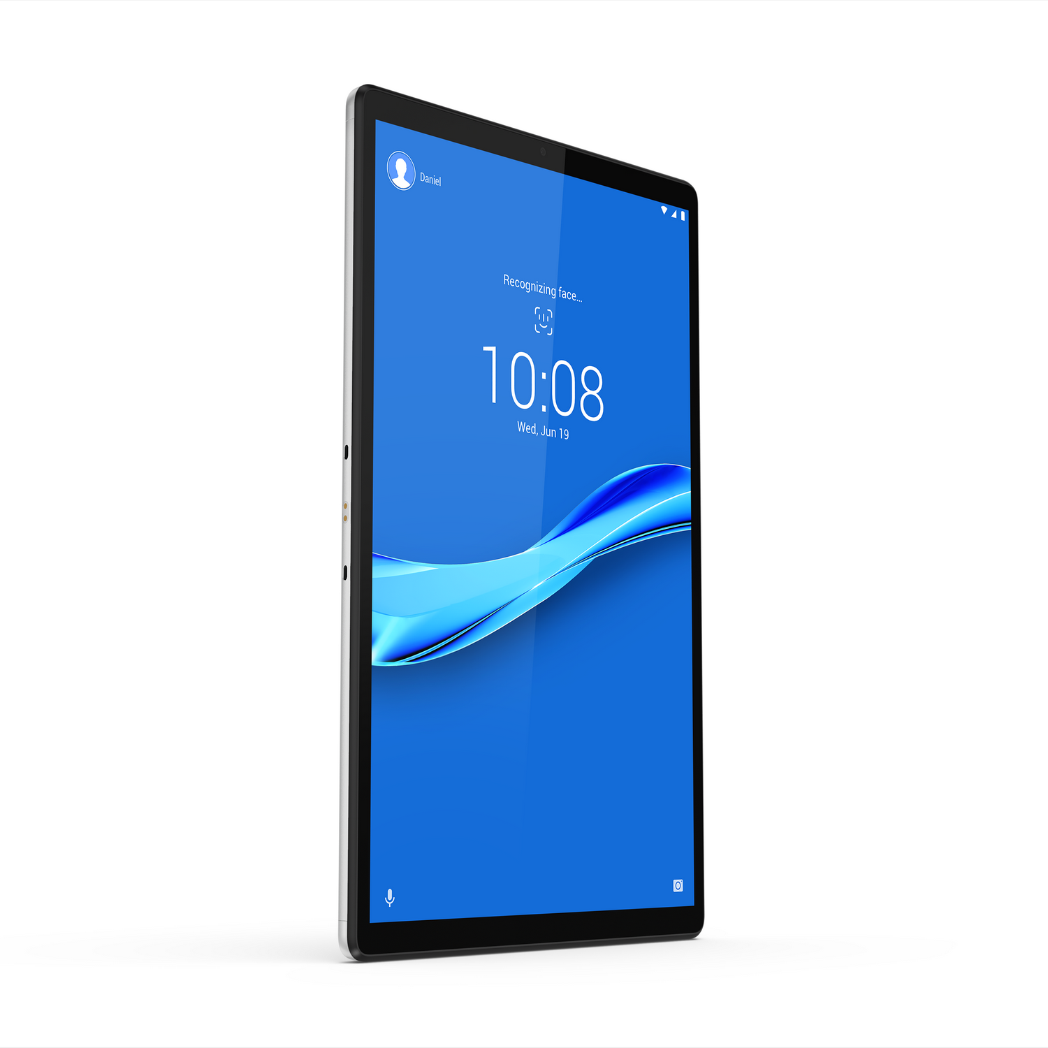 Una tableta con pantalla azul que muestra la hora y la fecha. La tableta está sobre una superficie blanca.