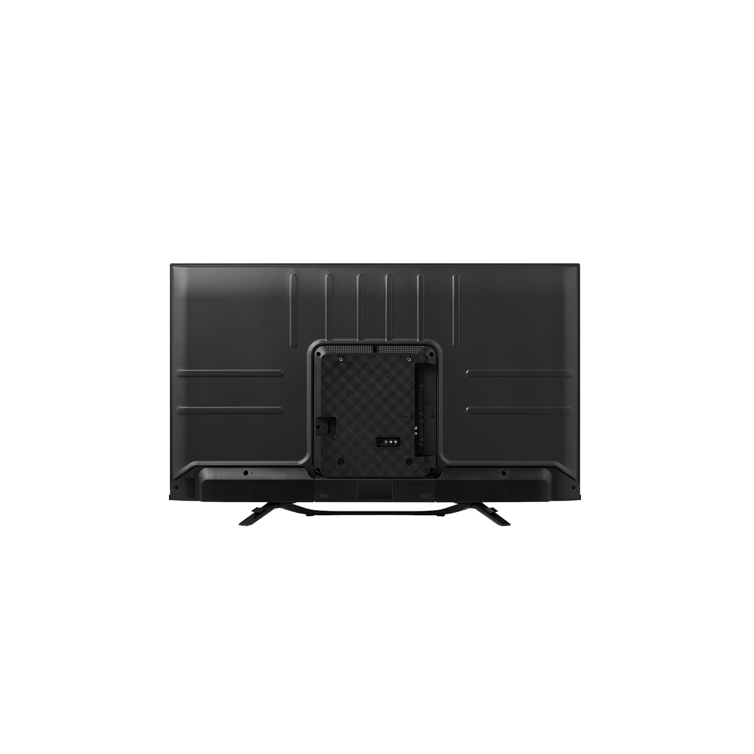 Parte trasera de un televisor Hisense negro. Los puertos y un patrón de cuadros son visibles.