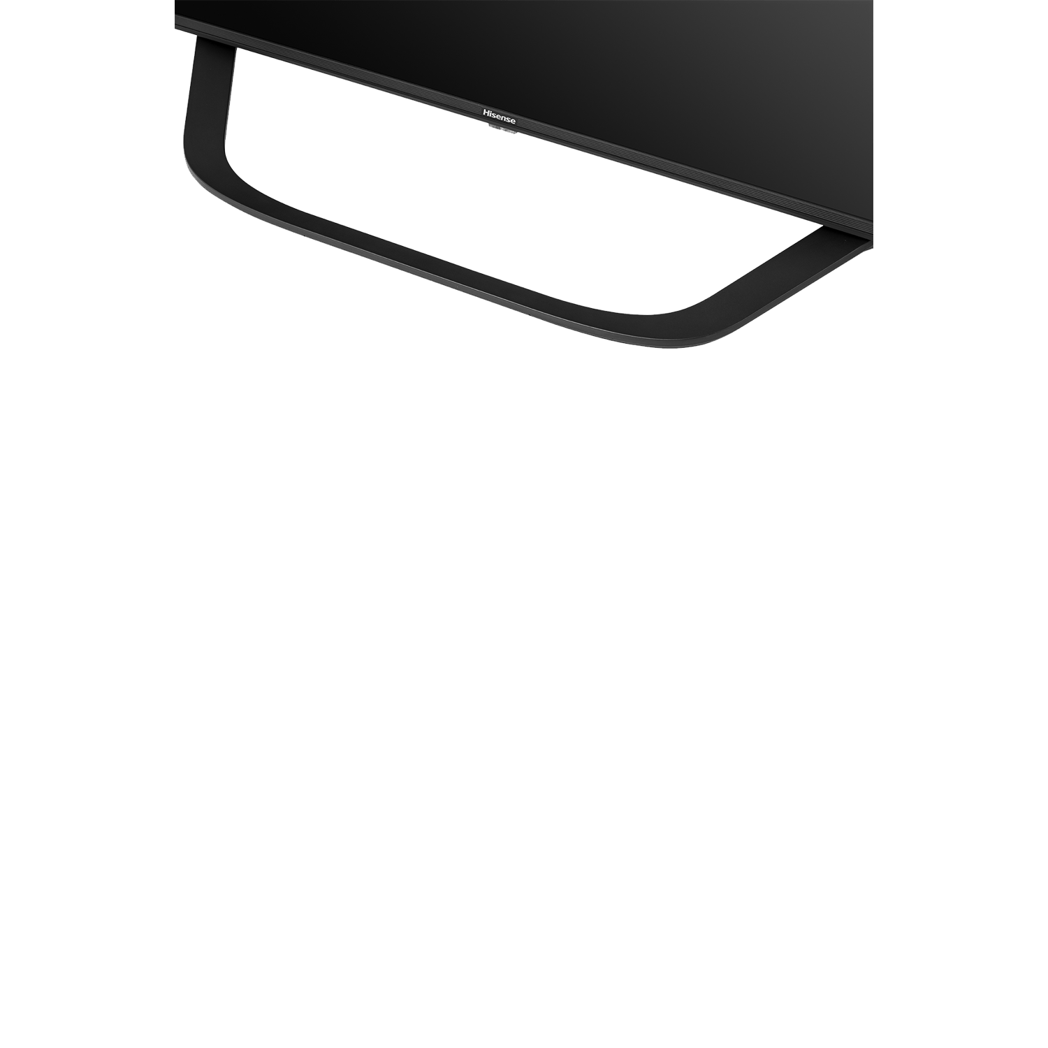 Primer plano de un soporte de TV negro. Presenta un diseño curvado.