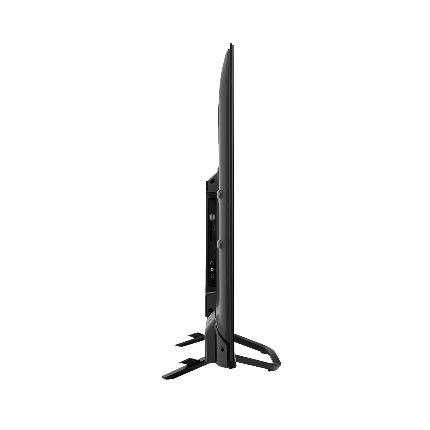 Televisor Hisense negro, vista lateral, que muestra el perfil delgado y los puertos en la parte trasera.