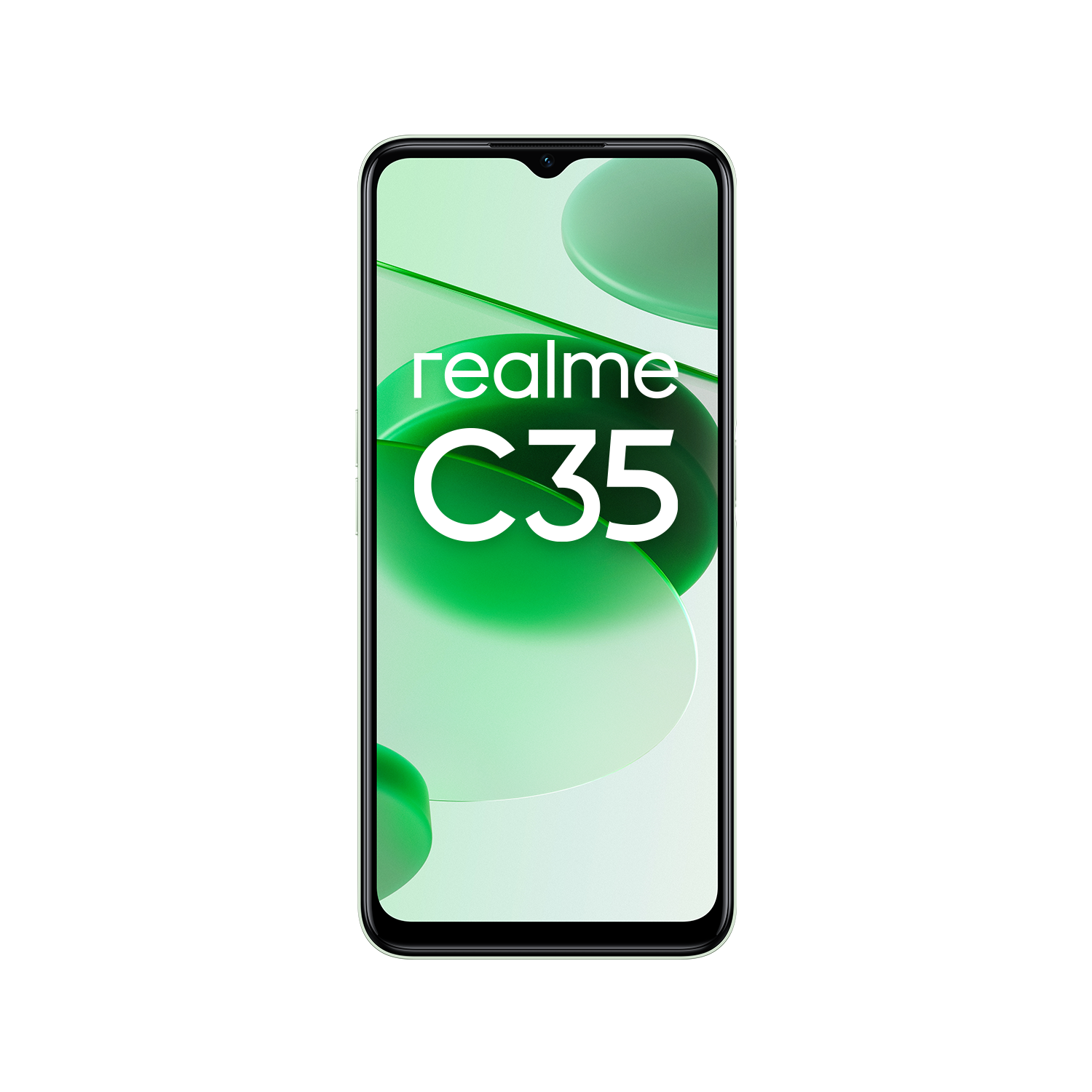 Un teléfono Realme C35 verde sobre un fondo blanco.