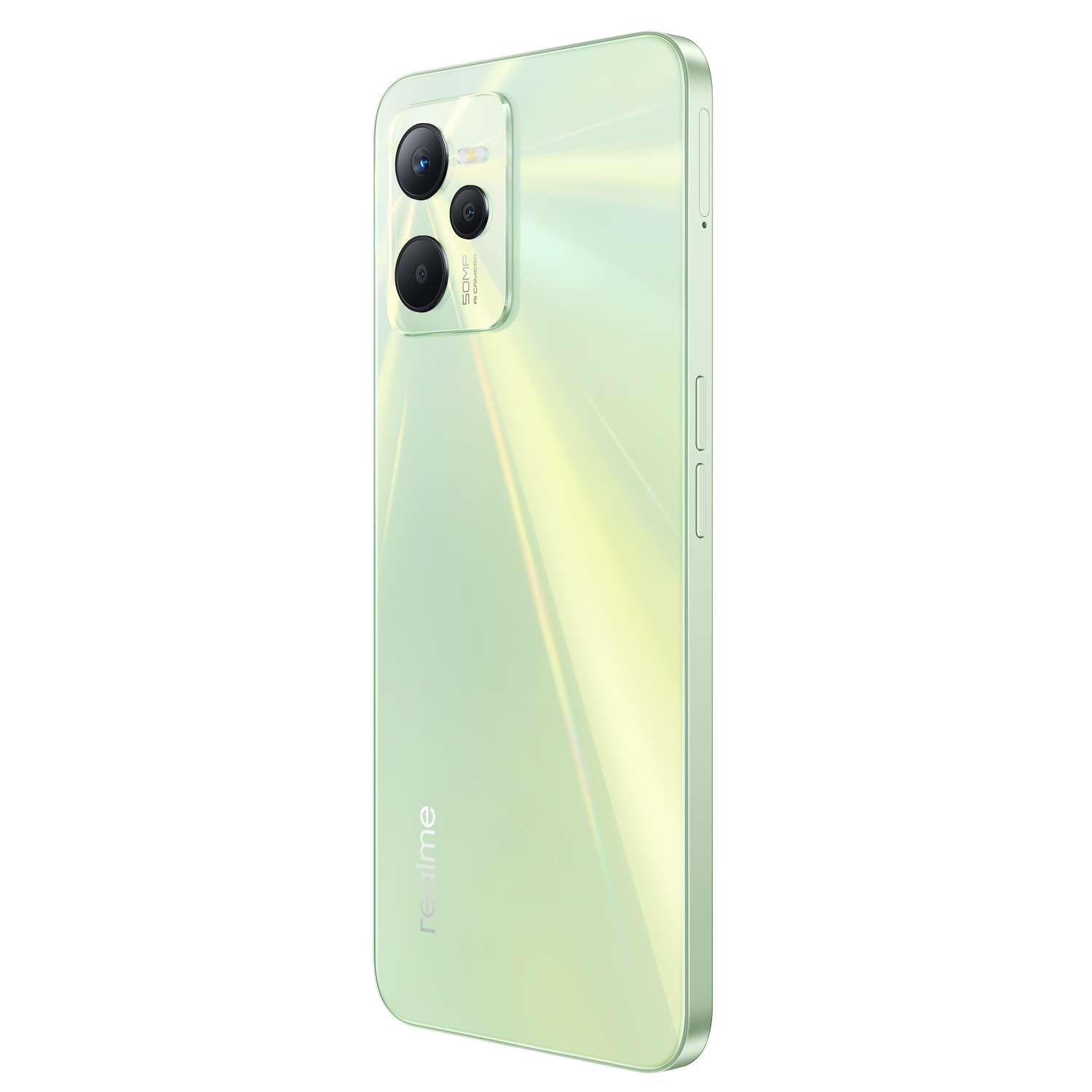 Teléfono inteligente verde con configuración de triple cámara en la parte trasera, brillante, en ángulo, sobre un fondo negro.