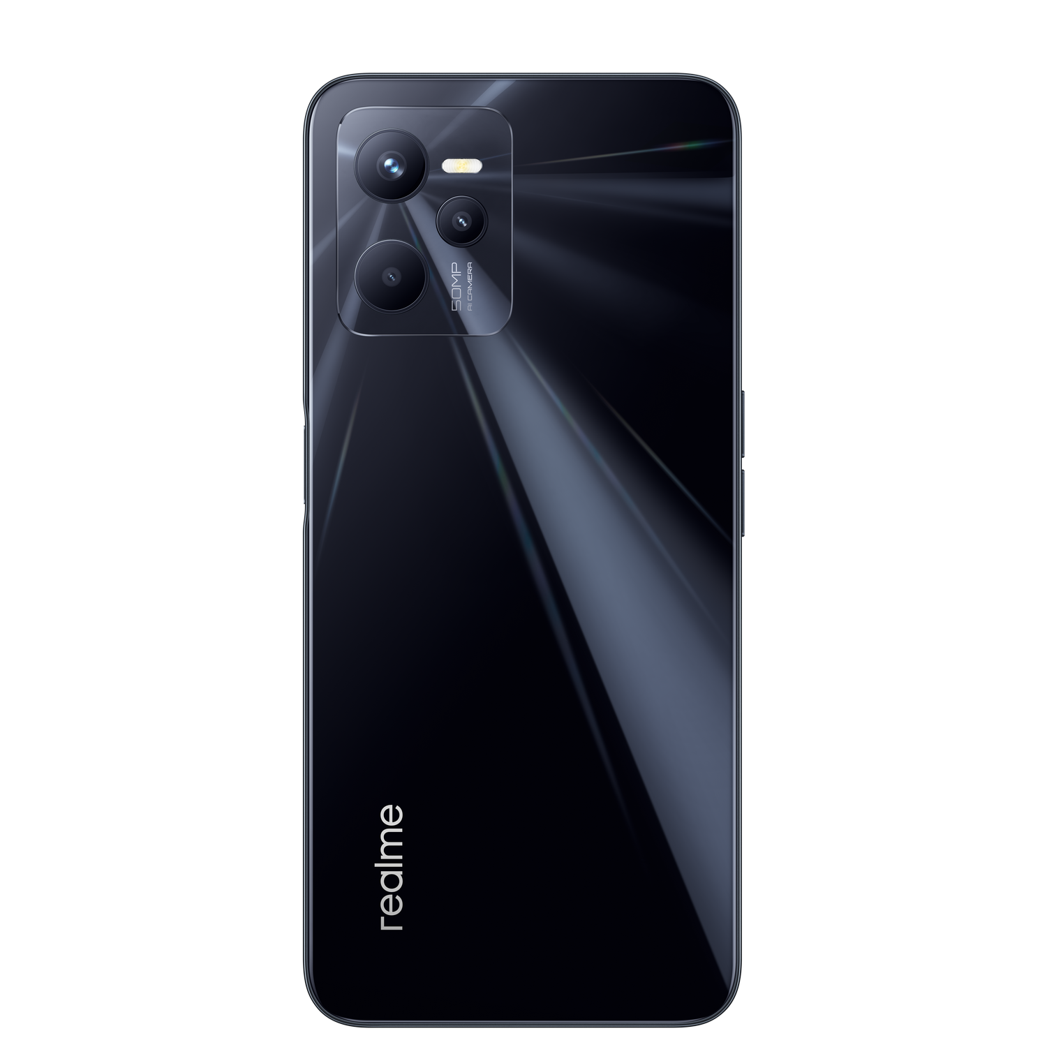 La parte trasera negra de un smartphone con triple cámara y el logotipo de realme.