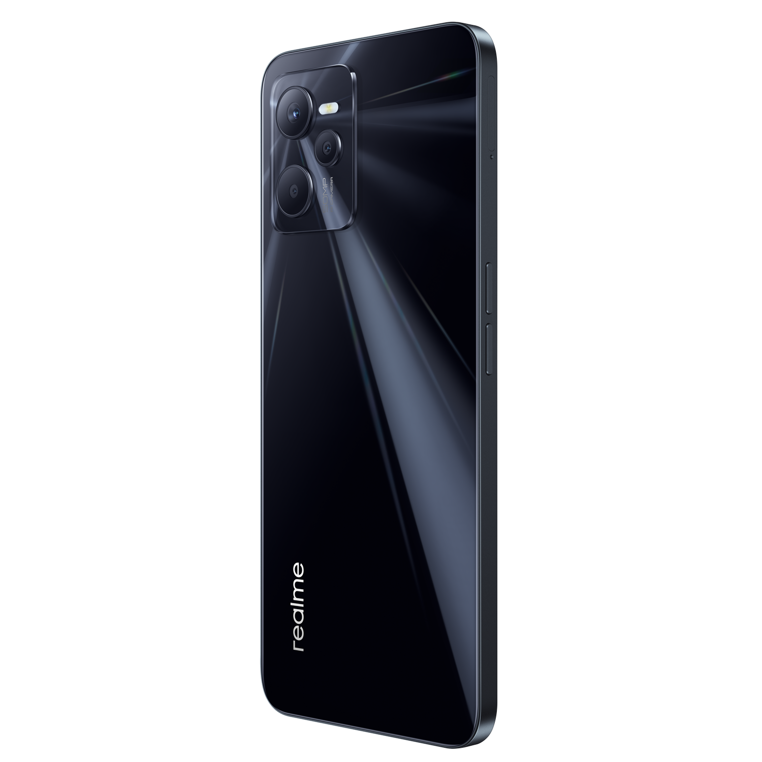 Smartphone negro sobre fondo negro. El teléfono tiene tres cámaras.