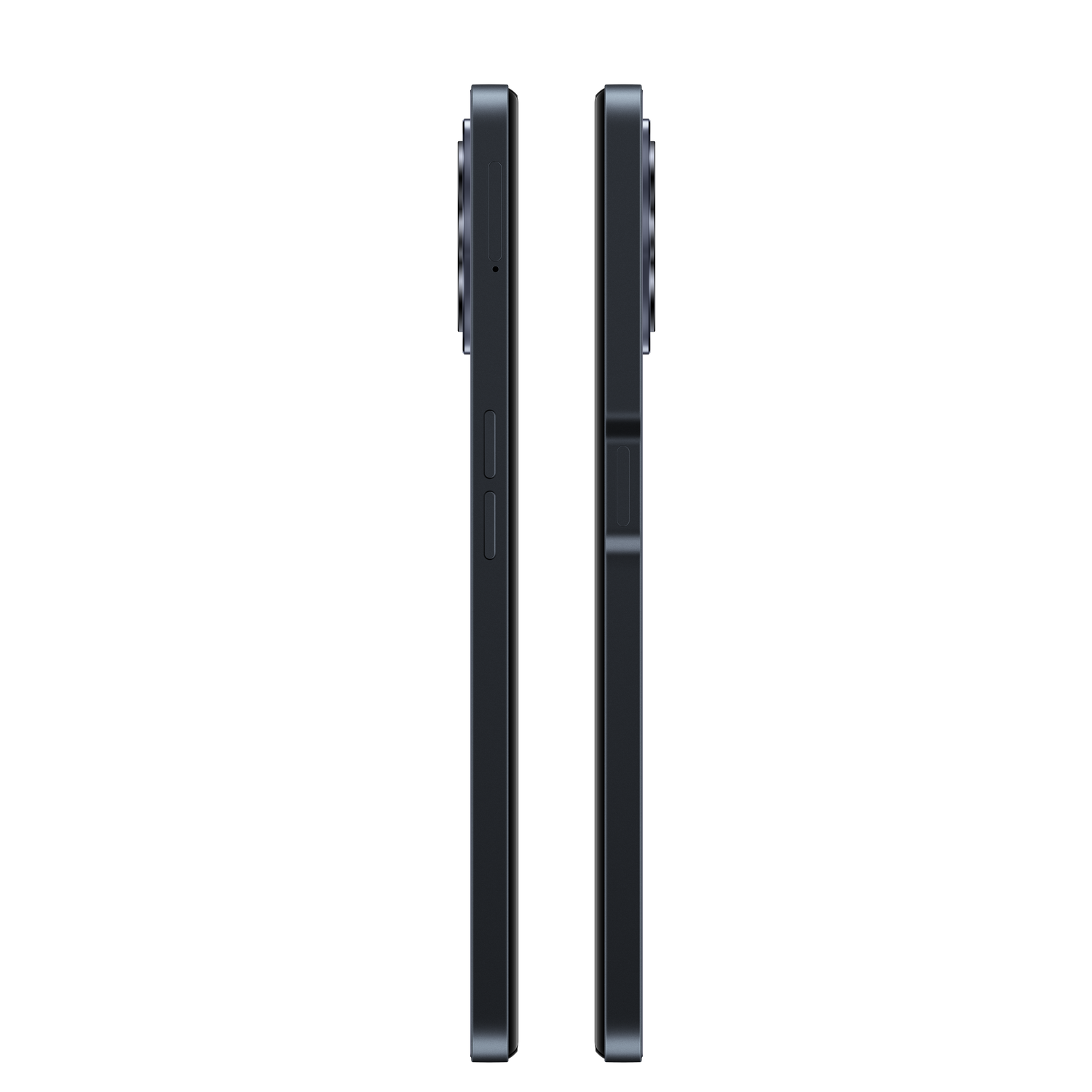 Dos teléfonos inteligentes negros uno al lado del otro, mostrando botones y detalles de la cámara. Fondo blanco.