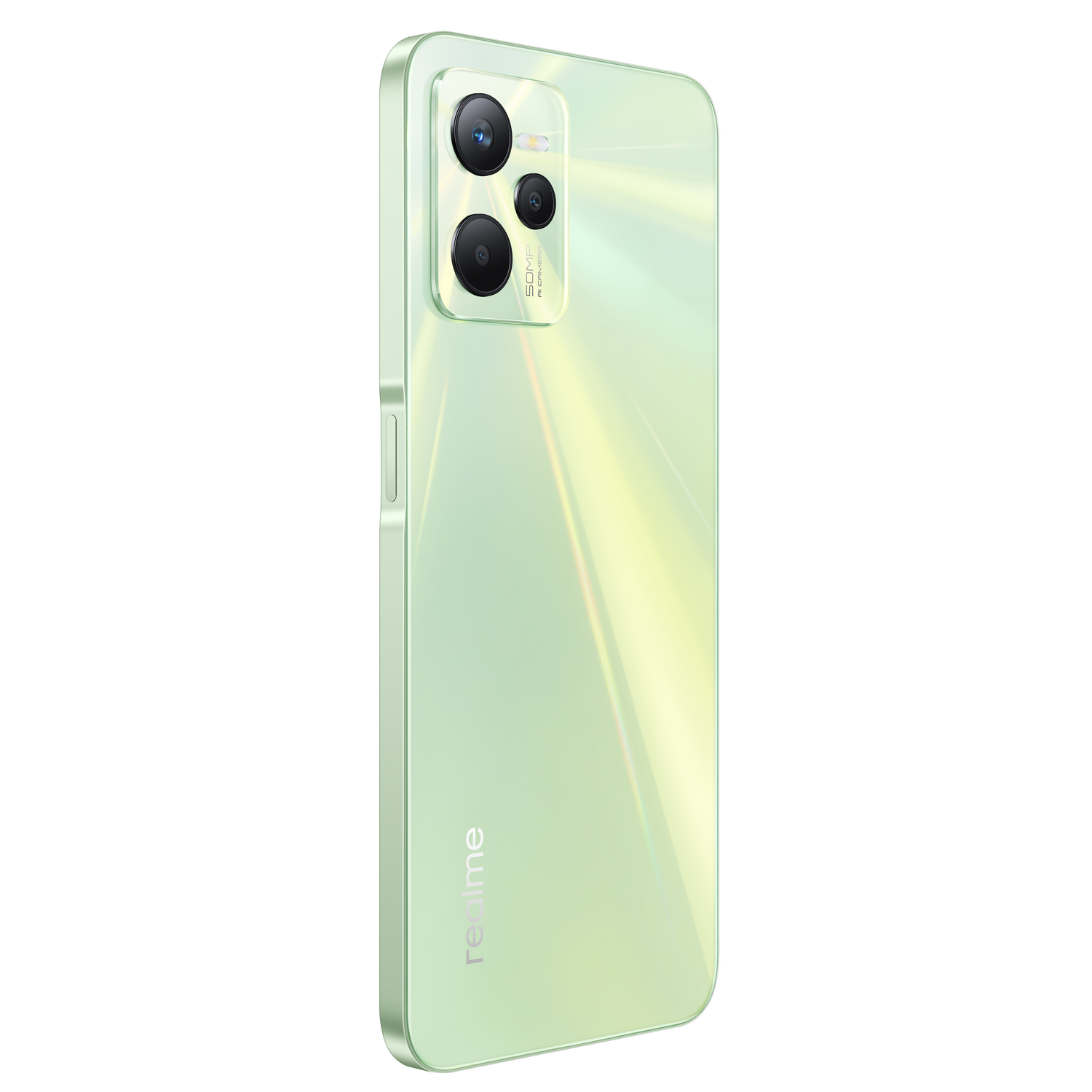 Teléfono Realme verde, vista lateral, en ángulo. Muestra detalles de cámara y botones.